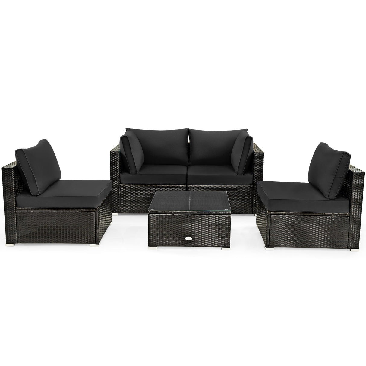 Juego de muebles de patio de ratán acolchados de 5 piezas con mesa de cristal