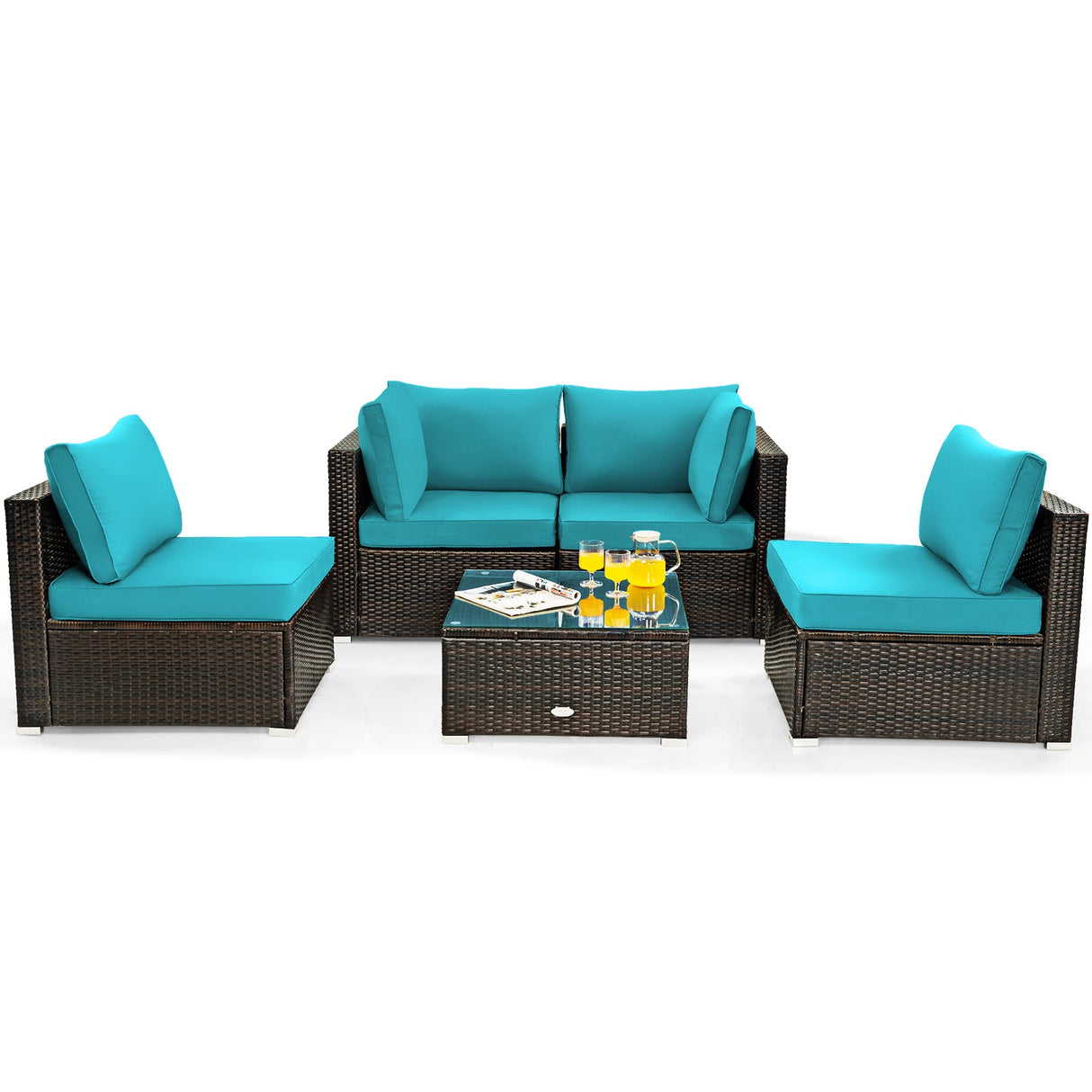 Juego de muebles de patio de ratán acolchados de 5 piezas con mesa de cristal