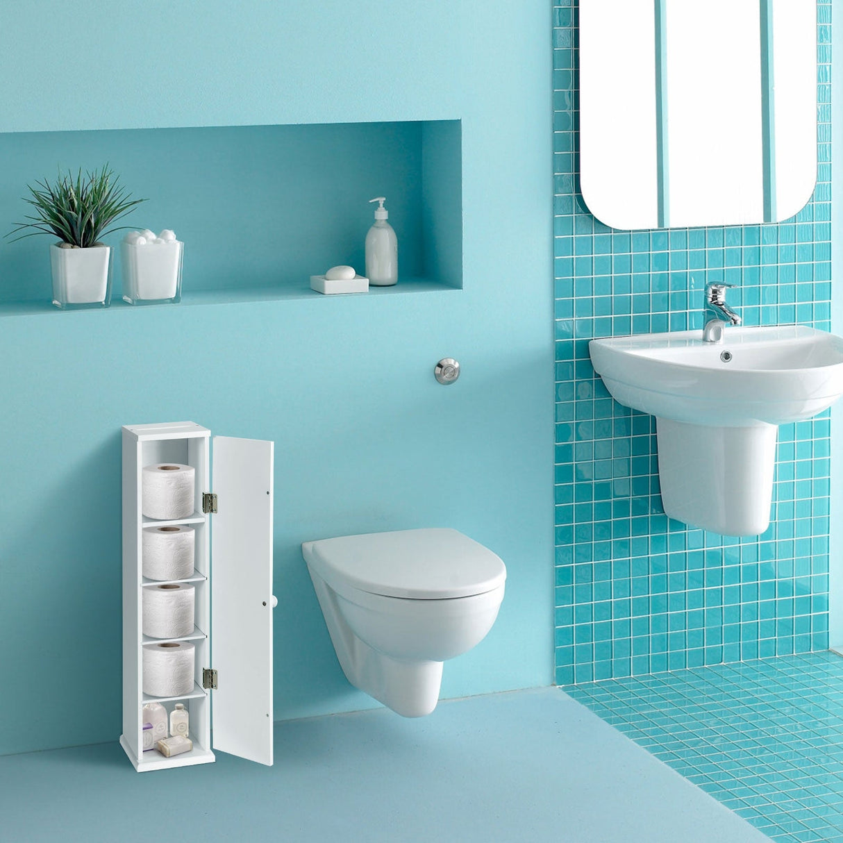 Portarrollos de papel higiénico independiente con 4 estantes y ranura superior para baño - Blanco