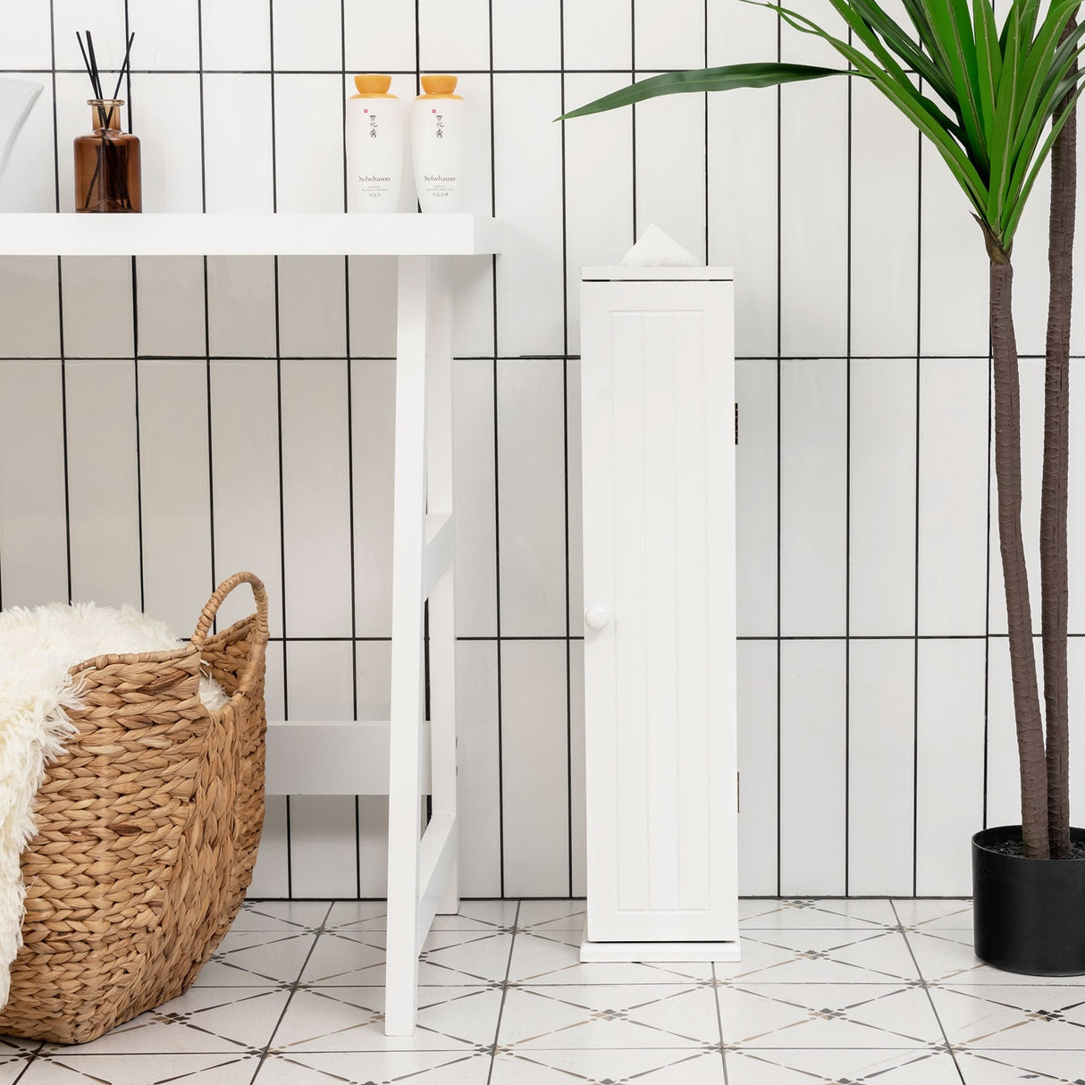 Portarrollos de papel higiénico independiente con 4 estantes y ranura superior para baño - Blanco