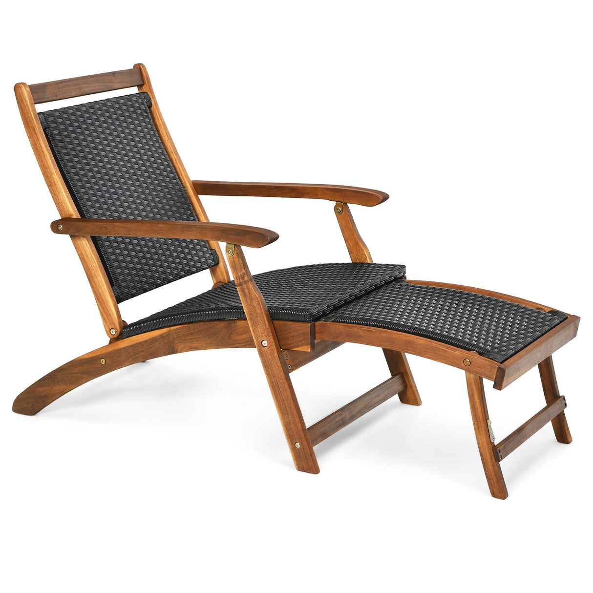 Tumbona plegable de ratán para patio con reposapiés retráctil y estructura de madera de acacia
