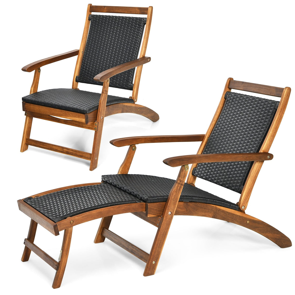 Tumbona plegable de ratán para patio con reposapiés retráctil y estructura de madera de acacia