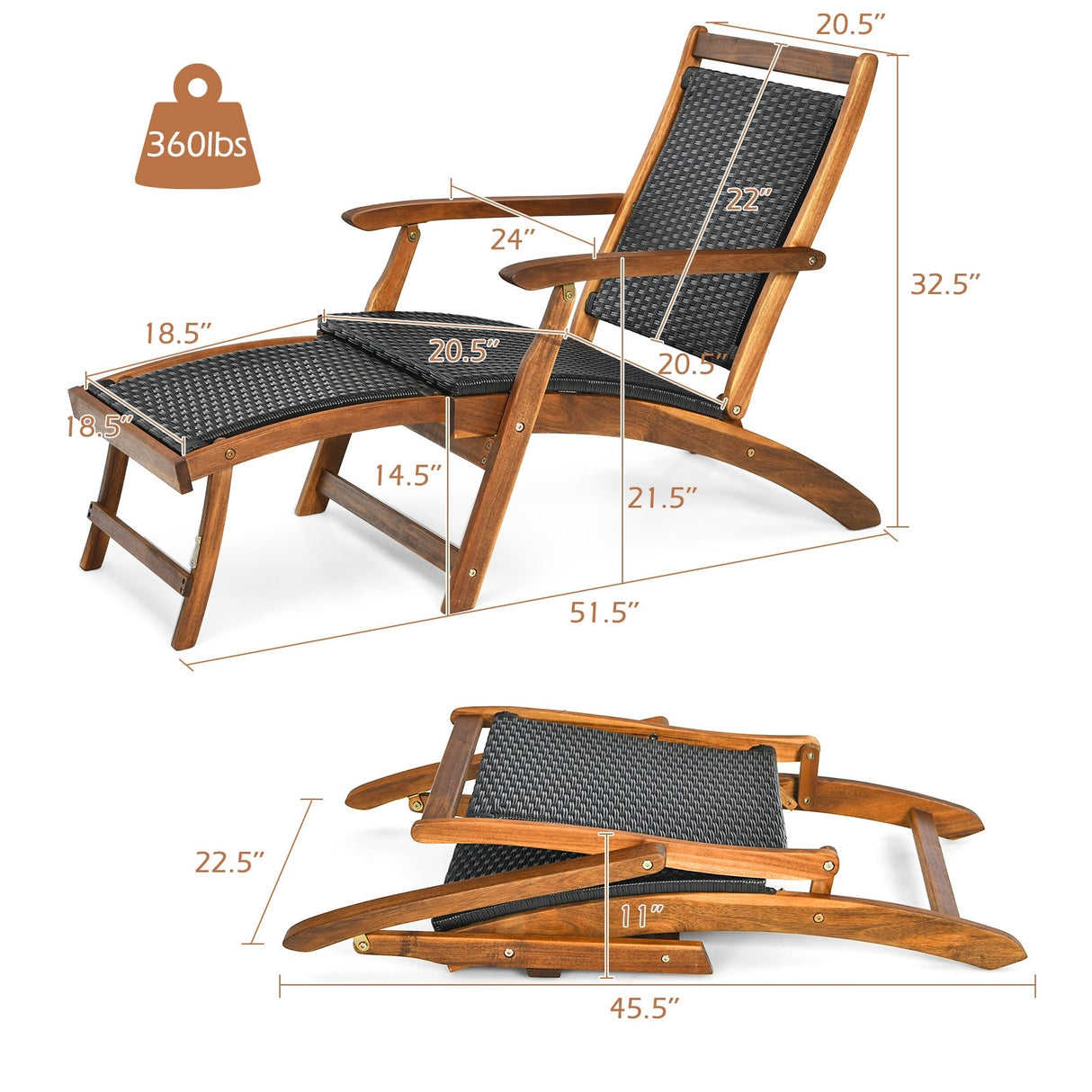 Tumbona plegable de ratán para patio con reposapiés retráctil y estructura de madera de acacia