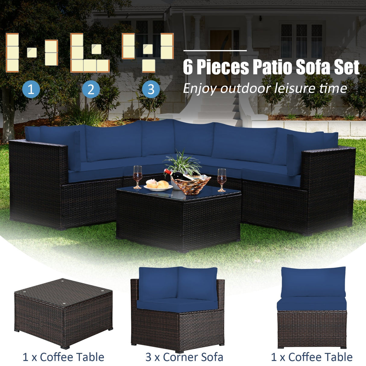 Juego de sofá de 6 piezas para patio con cojines para exteriores