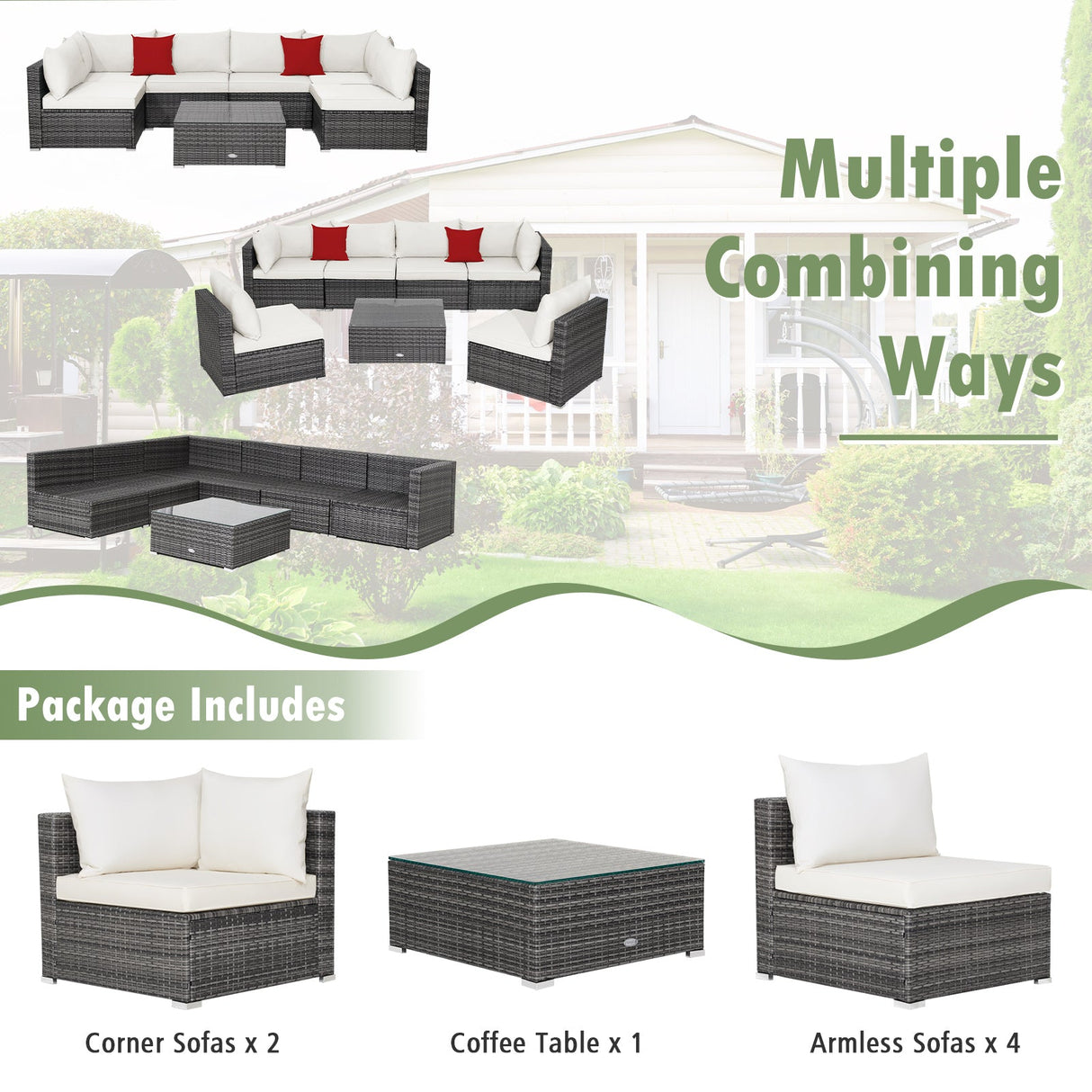 7 Pieces Patio Rattan Furniture Set Sectional Sofa Garden Cushion
