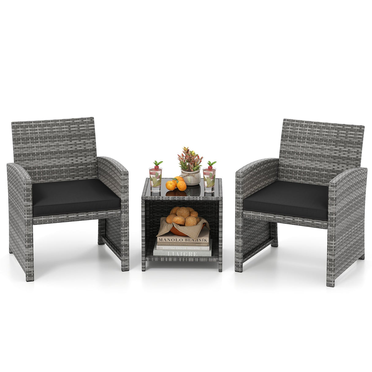 Juego de muebles de patio de 3 piezas con mesa de centro de vidrio templado y cojines de asiento blandos