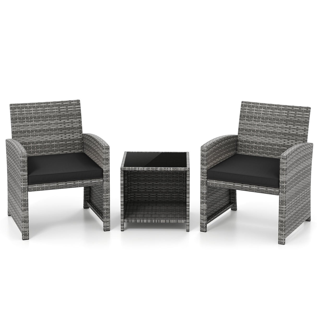 Juego de muebles de patio de 3 piezas con mesa de centro de vidrio templado y cojines de asiento blandos