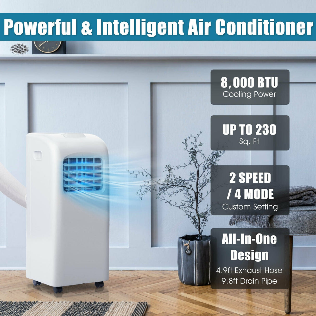 Aire Acondicionado Portátil de 8000 BTU (Ashrae) con Función Deshumidificadora