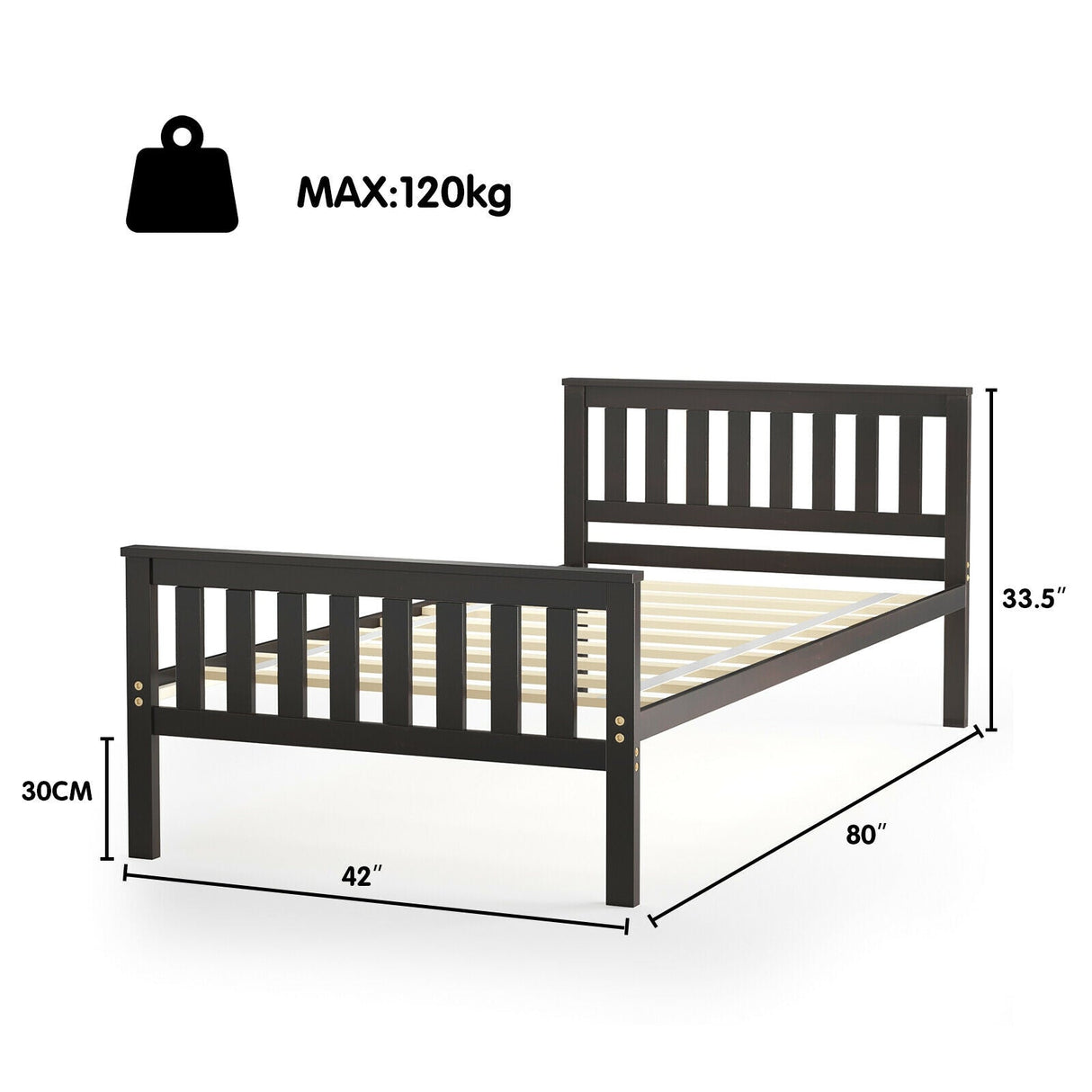 Base de cama individual de madera con cabecero