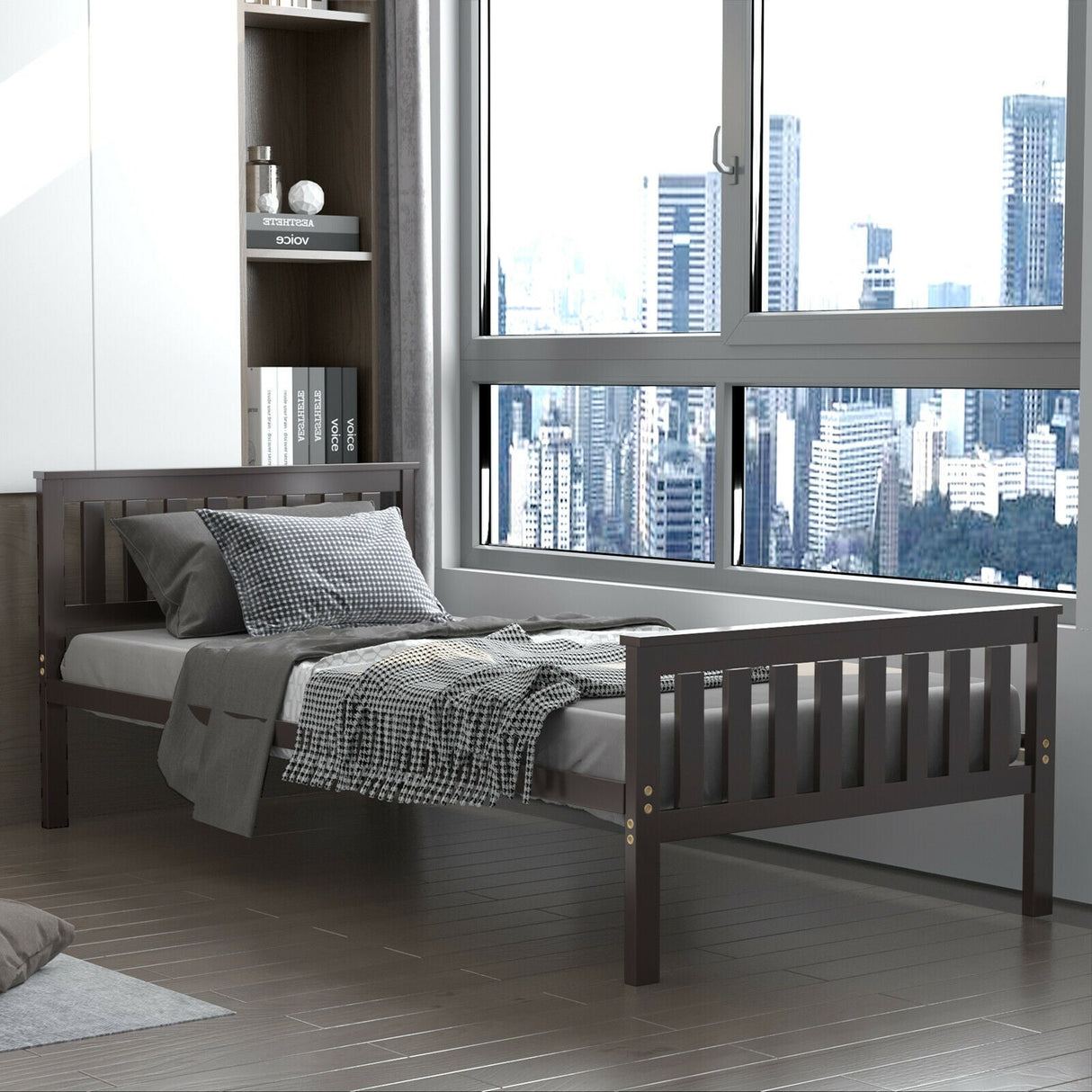 Base de cama individual de madera con cabecero