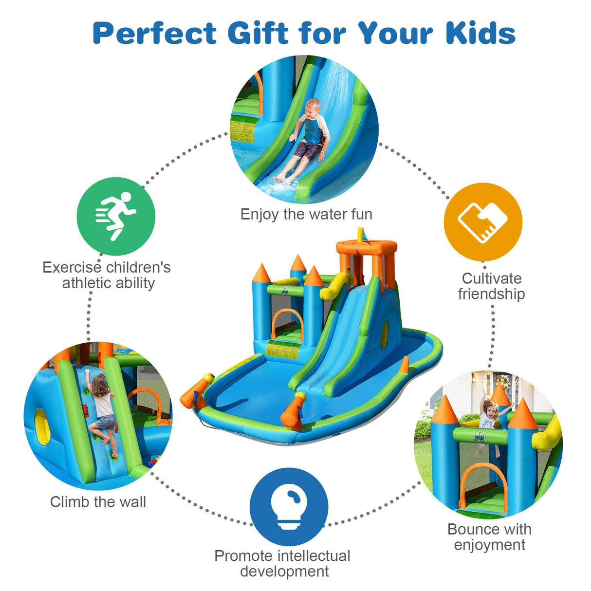 Tobogán de agua inflable para niños, piscina de chapoteo con soplador de 735 W