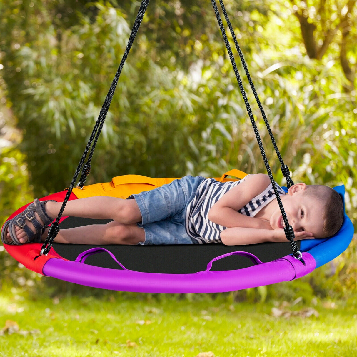 Columpio de Plataforma Redonda para Exteriores, de 40 pulgadas, con Almohada y Asa - Multicolor