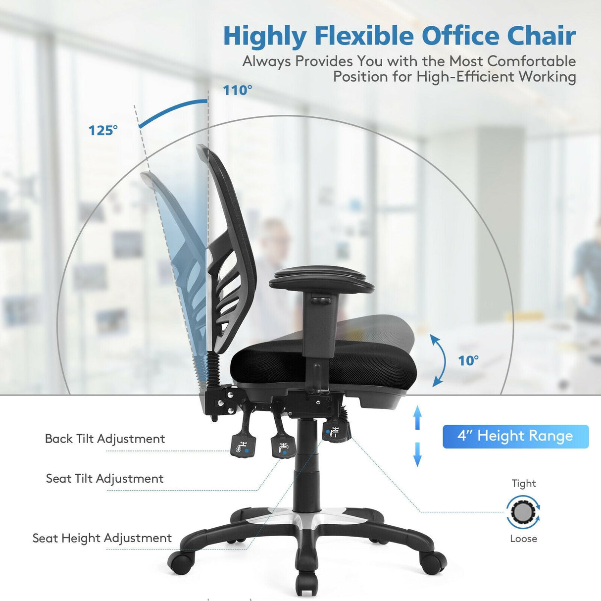 Silla de oficina ergonómica de malla con altura de respaldo y reposabrazos ajustables