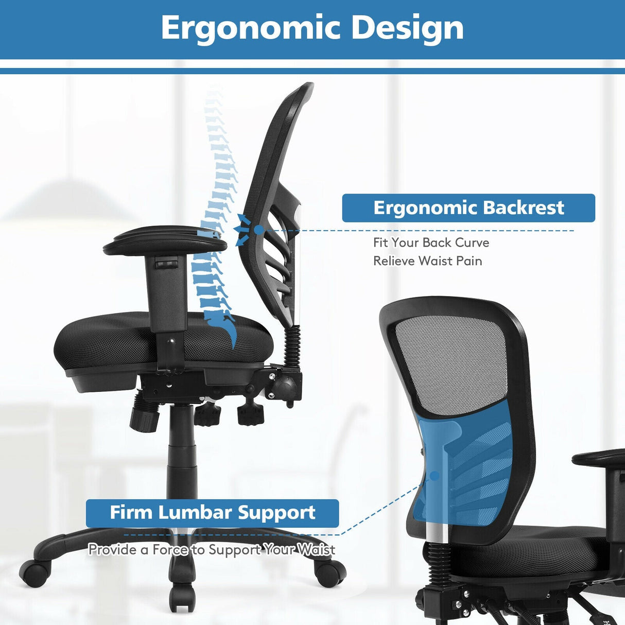 Silla de oficina ergonómica de malla con altura de respaldo y reposabrazos ajustables