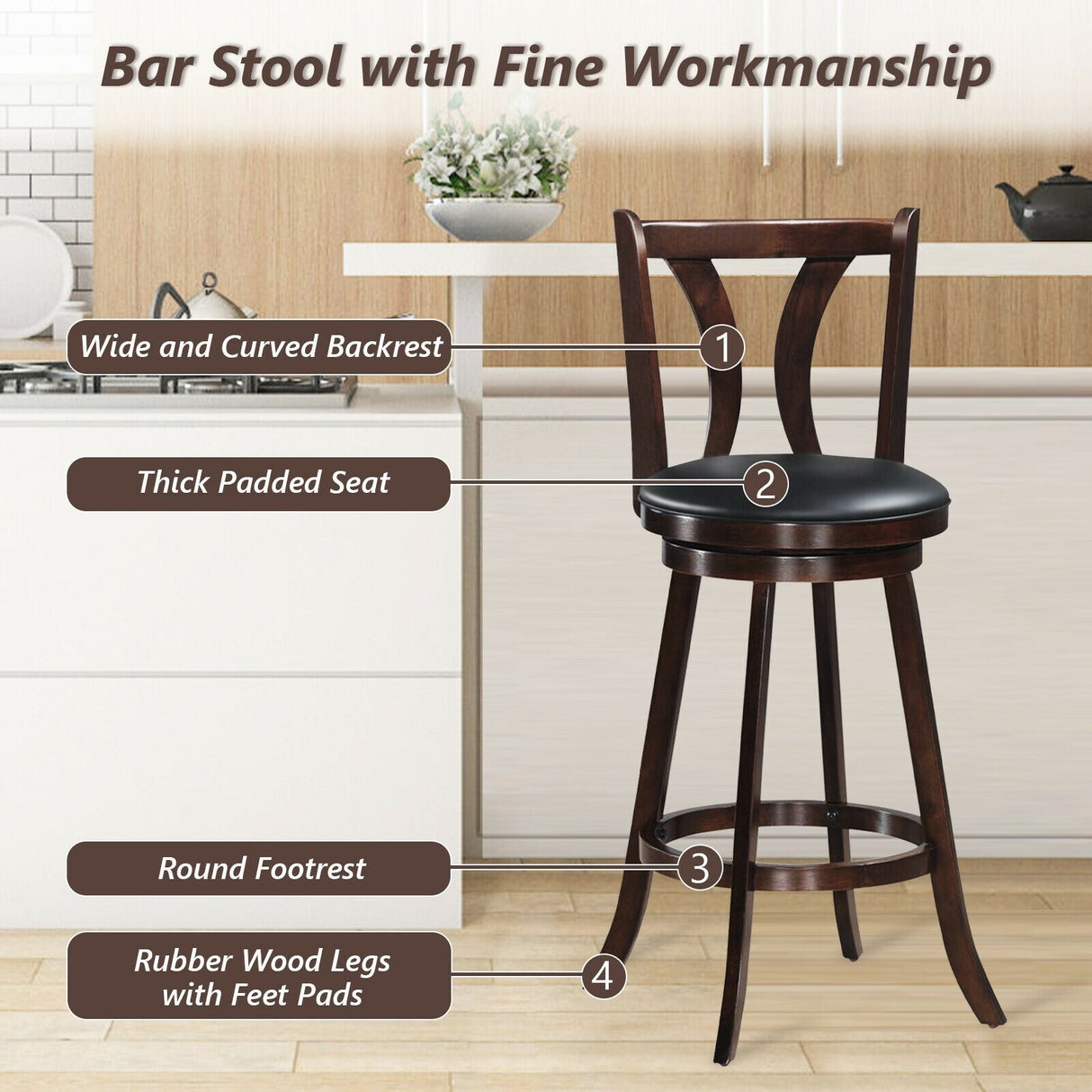 Juego de 2 taburetes giratorios de bar de 24 pulgadas de altura de mostrador, sillas de cocina y comedor con asiento de cuero acolchado