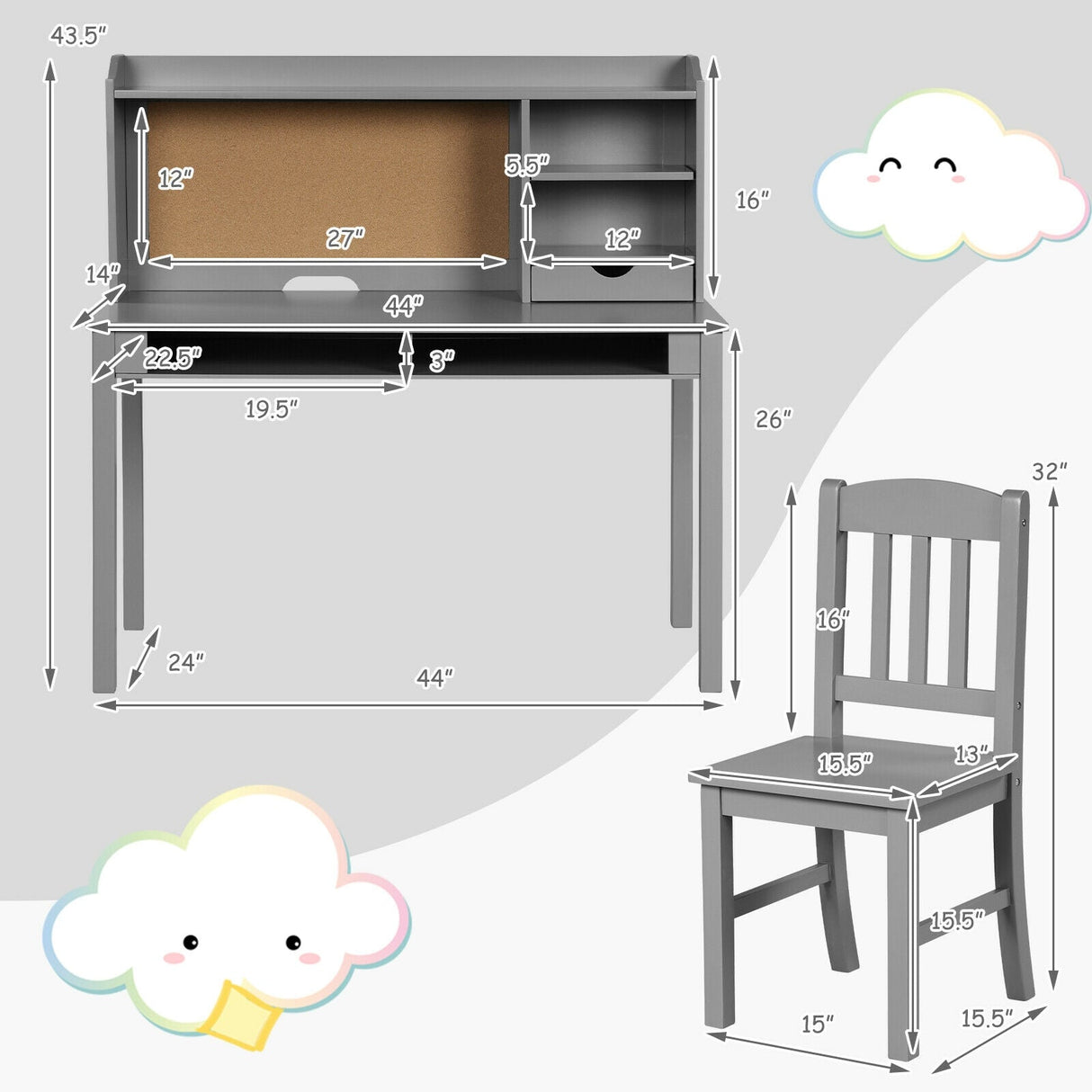 Juego de escritorio y silla para niños, escritorio de estudio con estantería y repisas