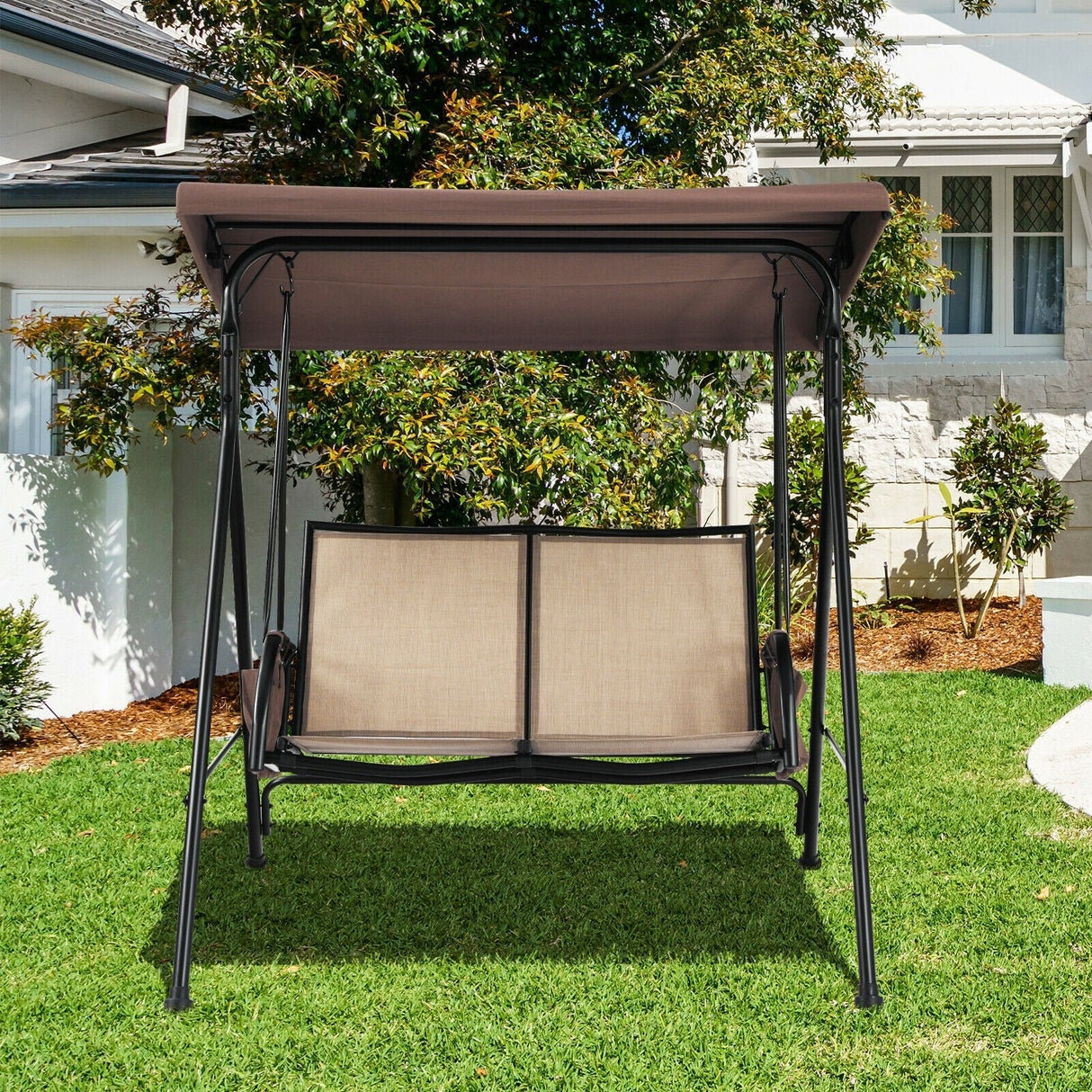 Columpio de patio para 2 personas con toldo ajustable y 2 bolsillos de almacenamiento - Marrón
