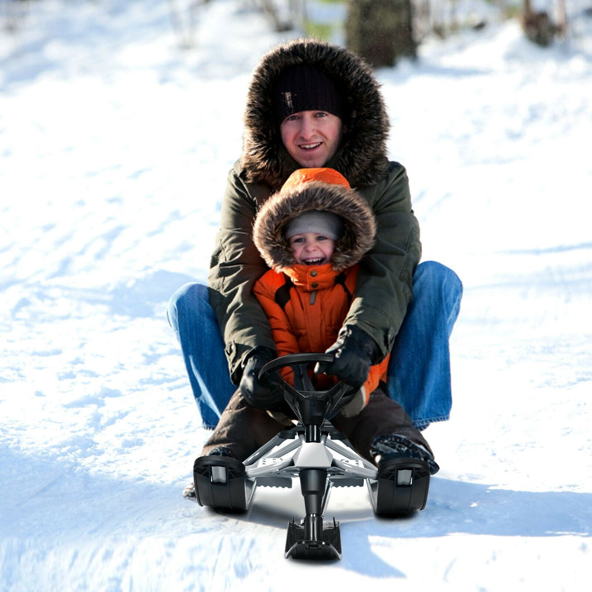 Trineo de nieve para niños con volante, frenos dobles y cuerda de tracción