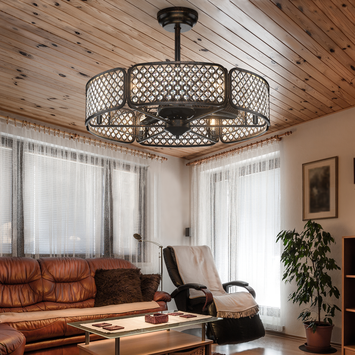 Ventilador de techo con jaula de 30 pulgadas con pantalla de lámpara de cristal y 6 portalámparas