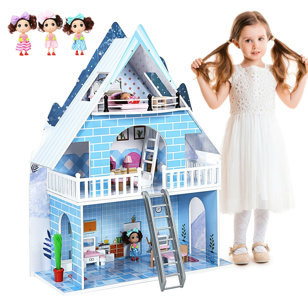 Casa de muñecas de madera de 3 pisos con juego de simulación con muebles y muñeca, regalo para mayores de 3 años