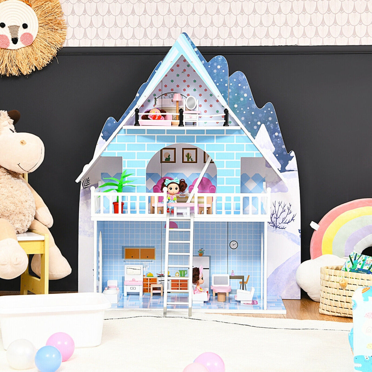 Casa de muñecas de madera de 3 pisos con juego de simulación con muebles y muñeca, regalo para mayores de 3 años