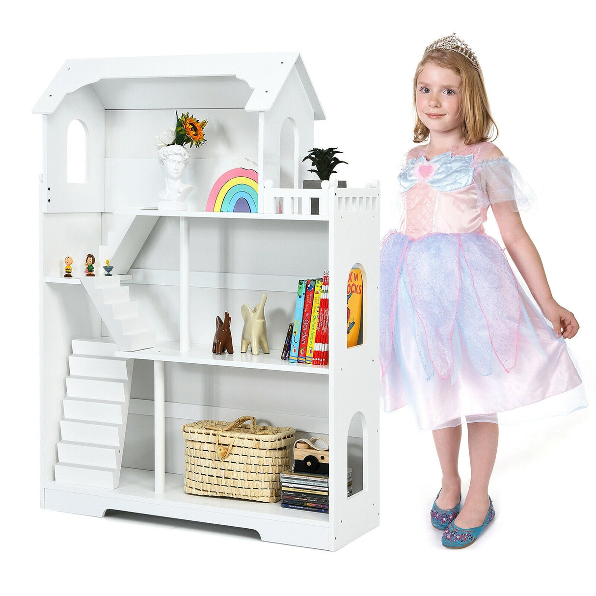 Estantería de madera para casa de muñecas para niños con diseño antivuelco y espacio de almacenamiento