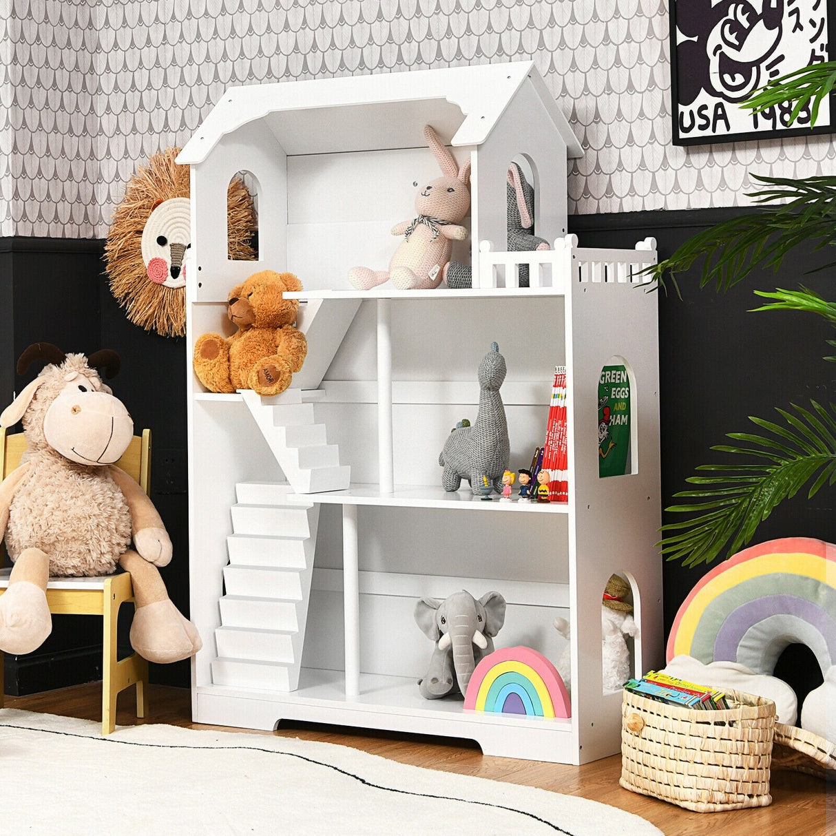 Estantería de madera para casa de muñecas para niños con diseño antivuelco y espacio de almacenamiento