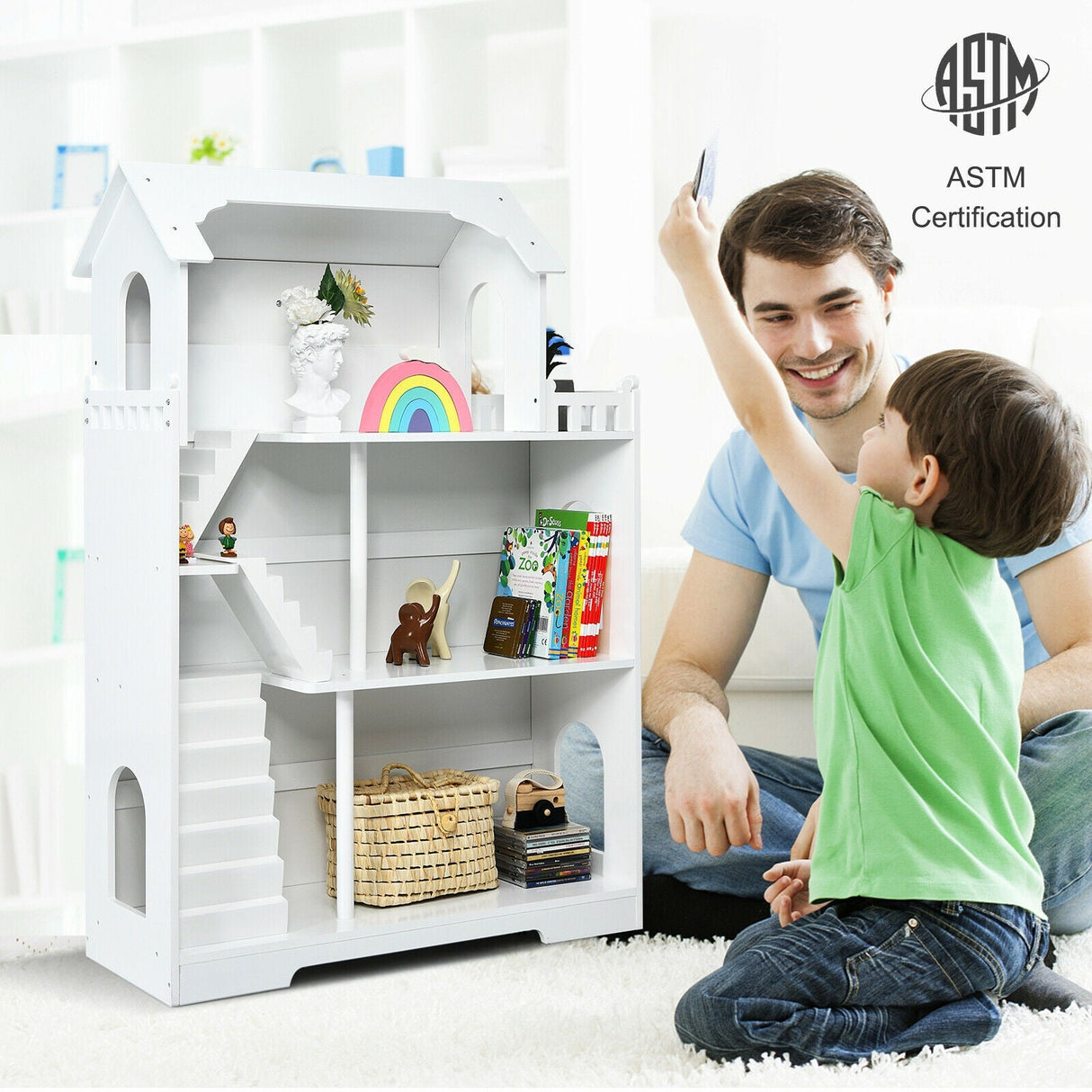 Estantería de madera para casa de muñecas para niños con diseño antivuelco y espacio de almacenamiento