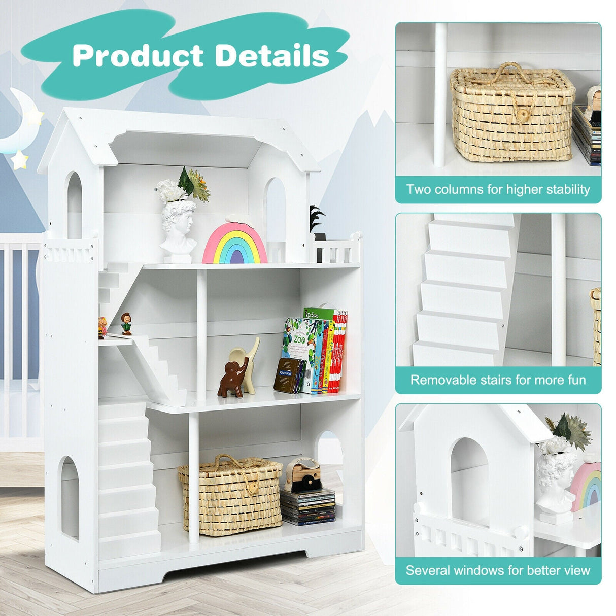 Estantería de madera para casa de muñecas para niños con diseño antivuelco y espacio de almacenamiento