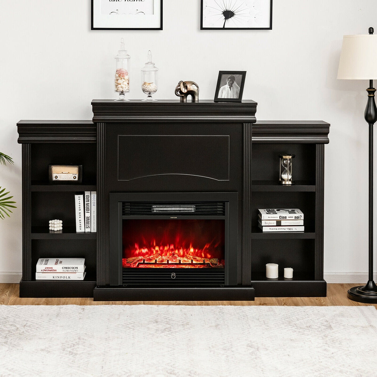 Centro de entretenimiento multimedia con chimenea y librería, moderno, de 70 pulgadas