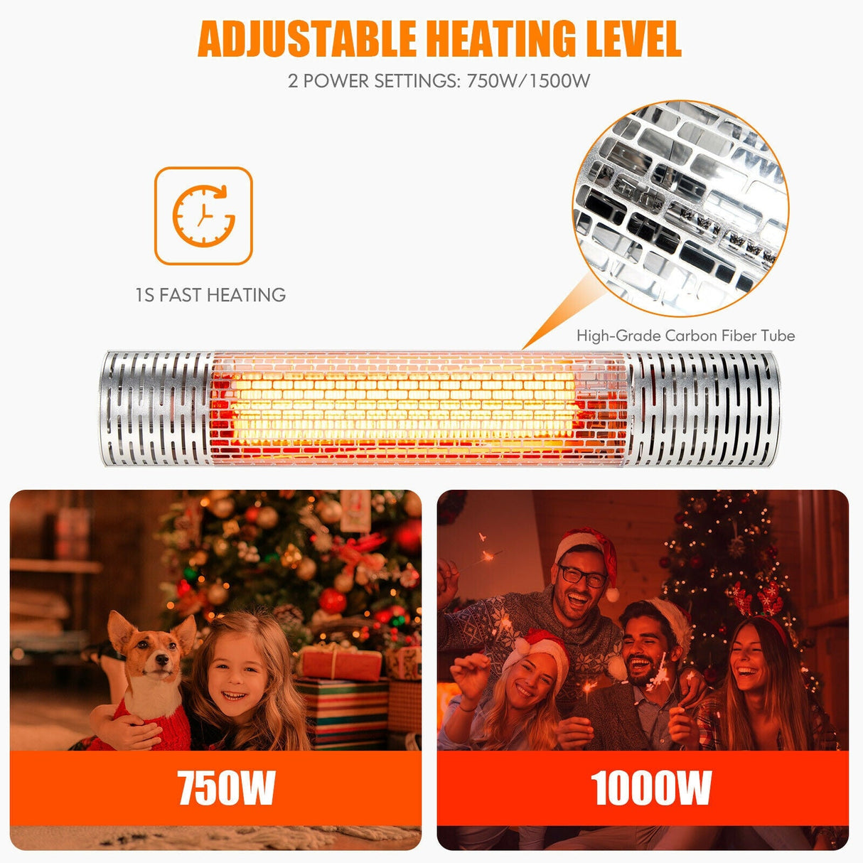 Calentador eléctrico para interior y exterior de 1500 W con 2 ajustes de potencia - Plateado