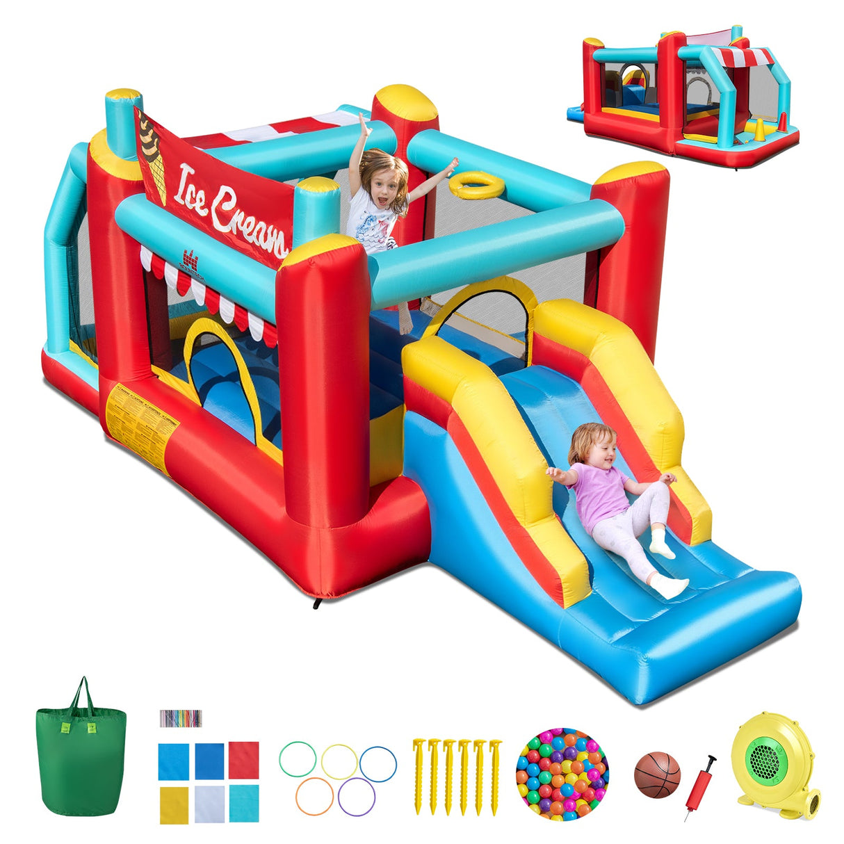 Castillo inflable de helado 5 en 1 con piscina de bolas y tobogán con soplador de 480 W