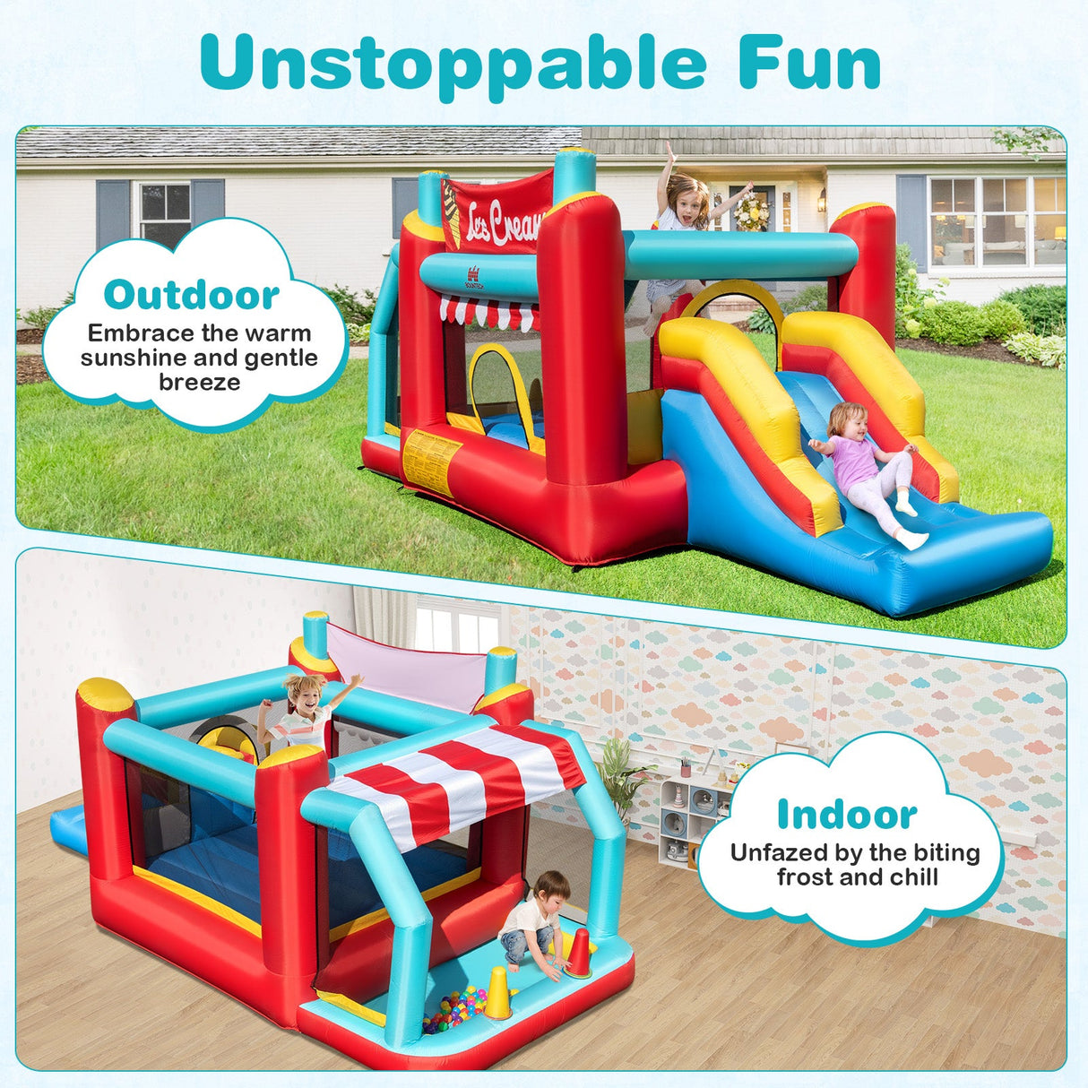 Castillo inflable de helado 5 en 1 con piscina de bolas y tobogán con soplador de 480 W