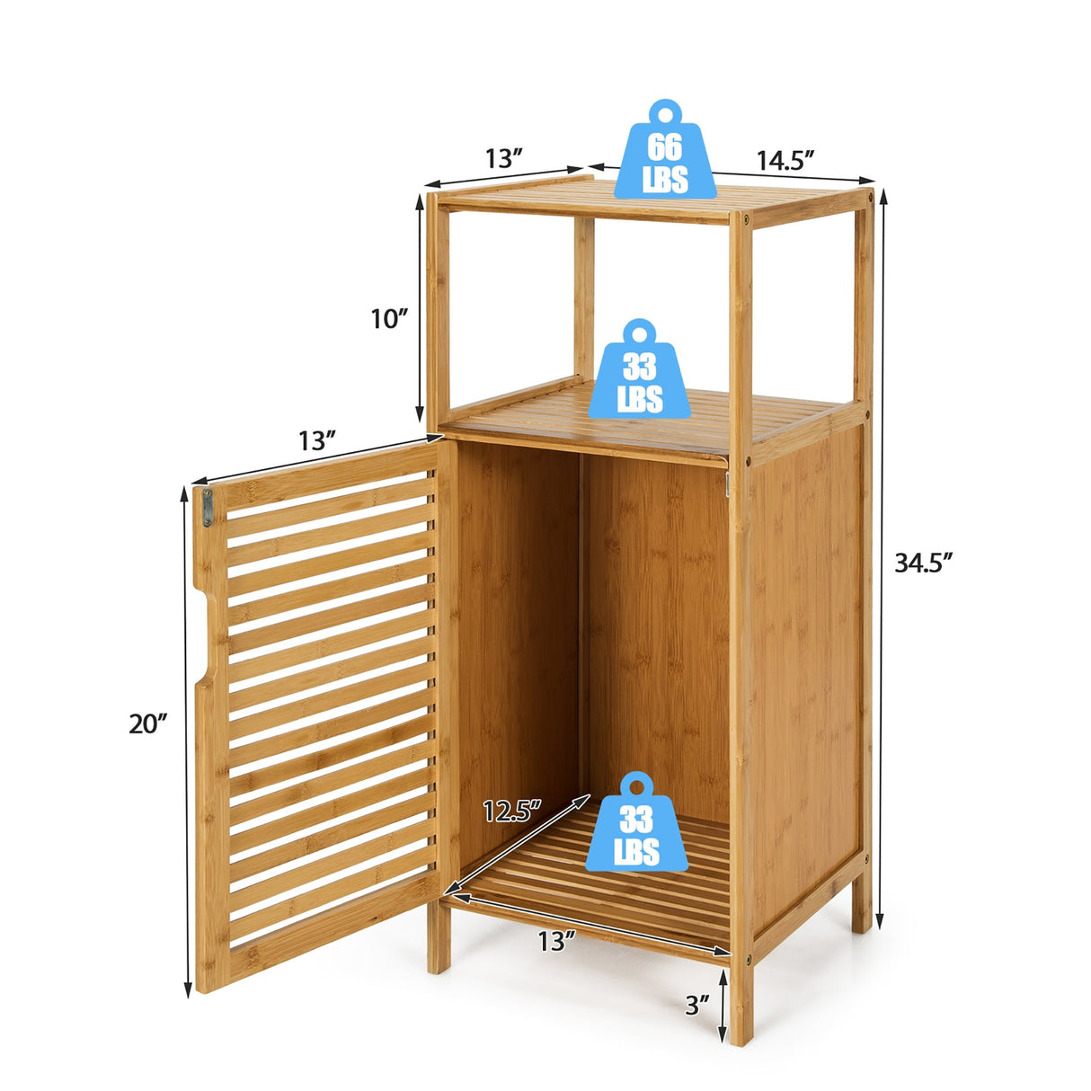 Mueble de almacenamiento de baño de bambú con puerta y estante, esquinero