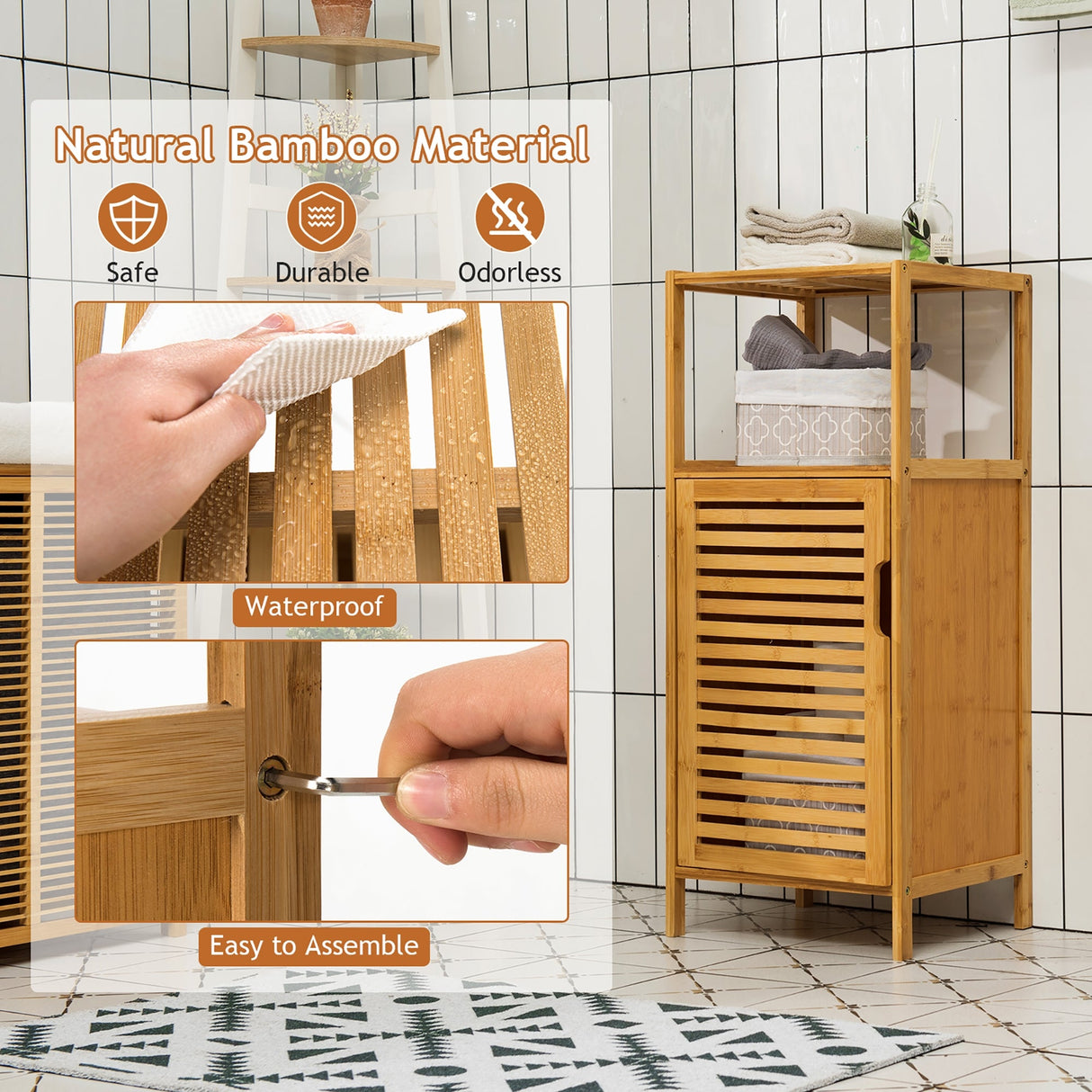 Mueble de almacenamiento de baño de bambú con puerta y estante, esquinero