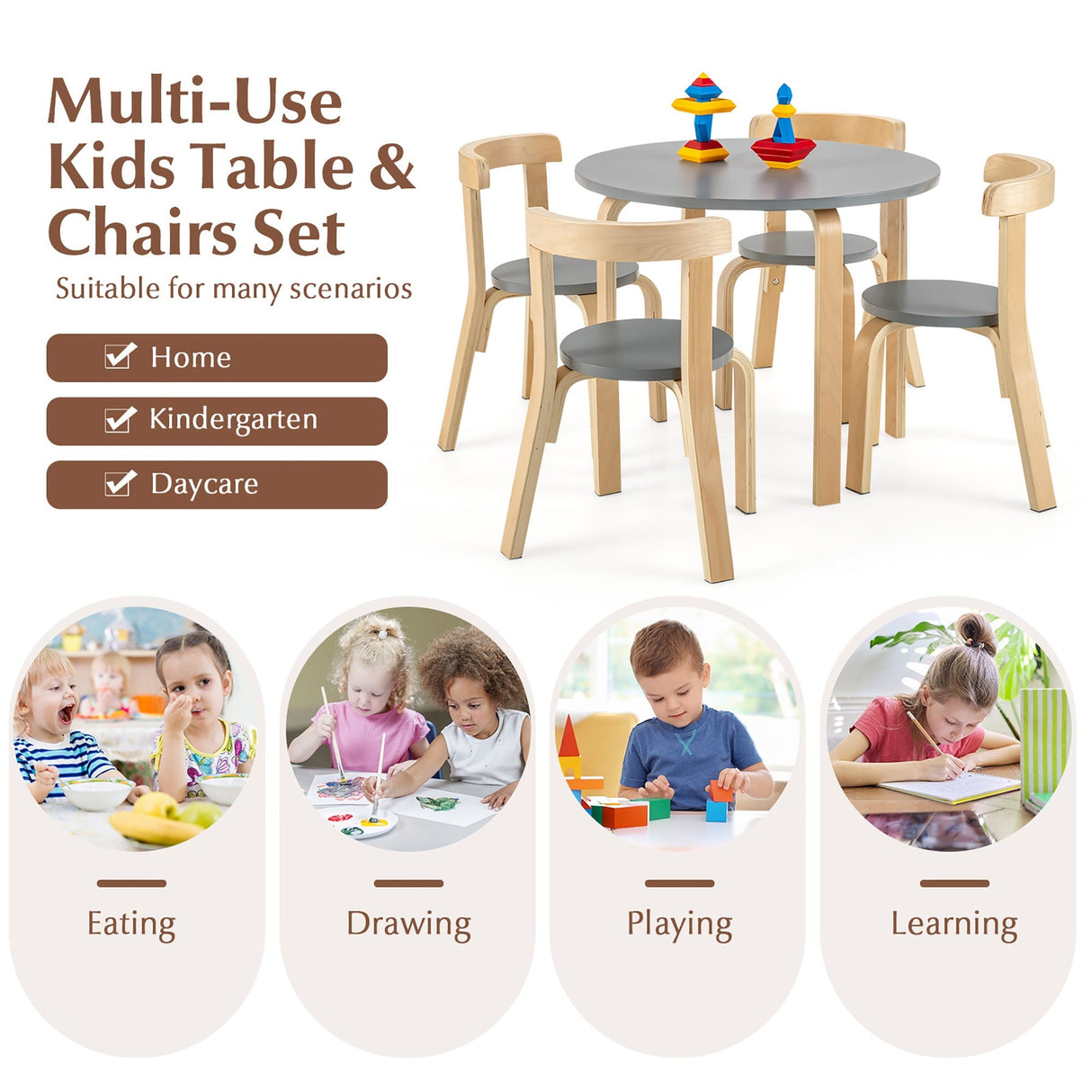 Juego de mesa y 4 sillas de madera para niños con respaldo curvado