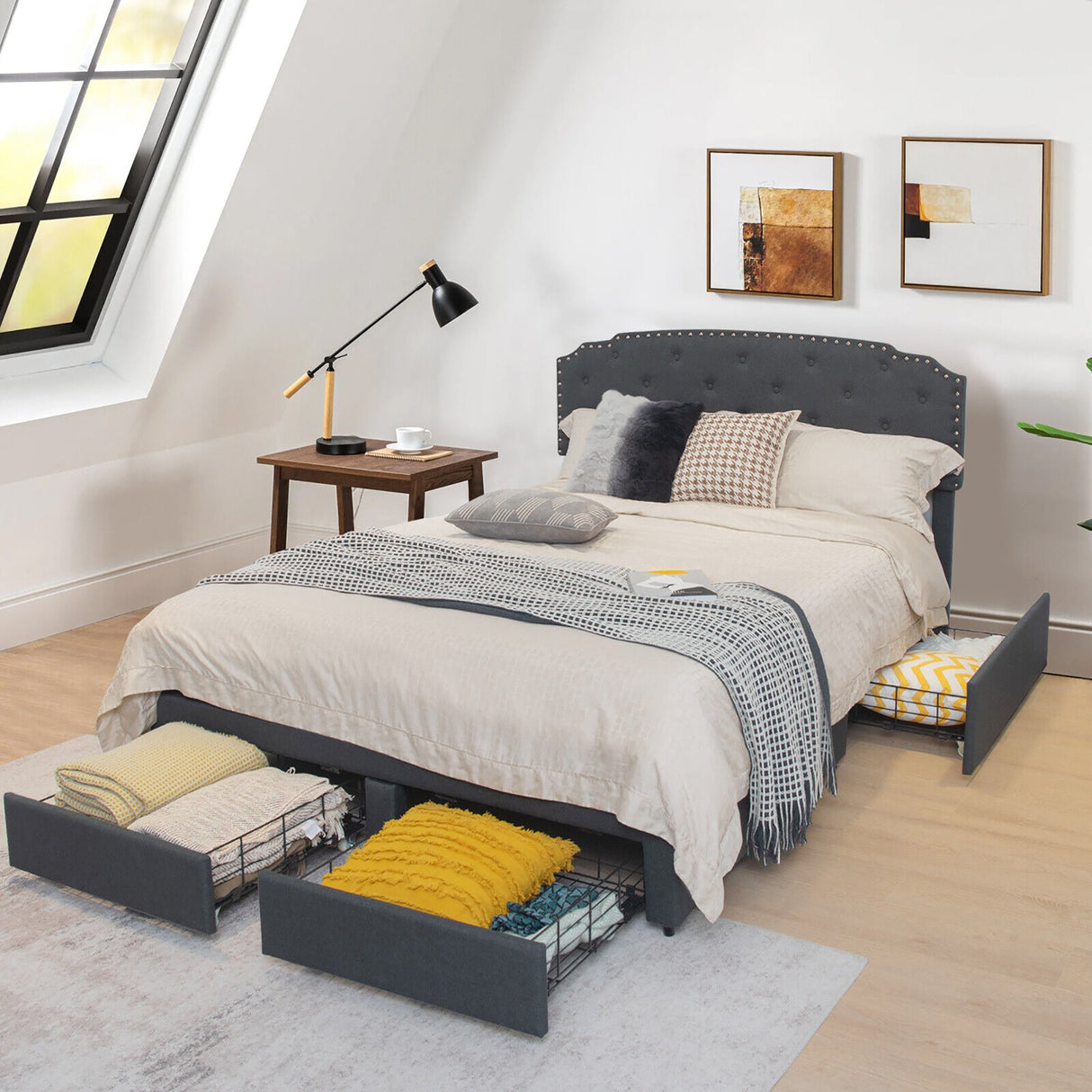 Base de cama de plataforma con 4 cajones de almacenamiento y cabecero ajustable