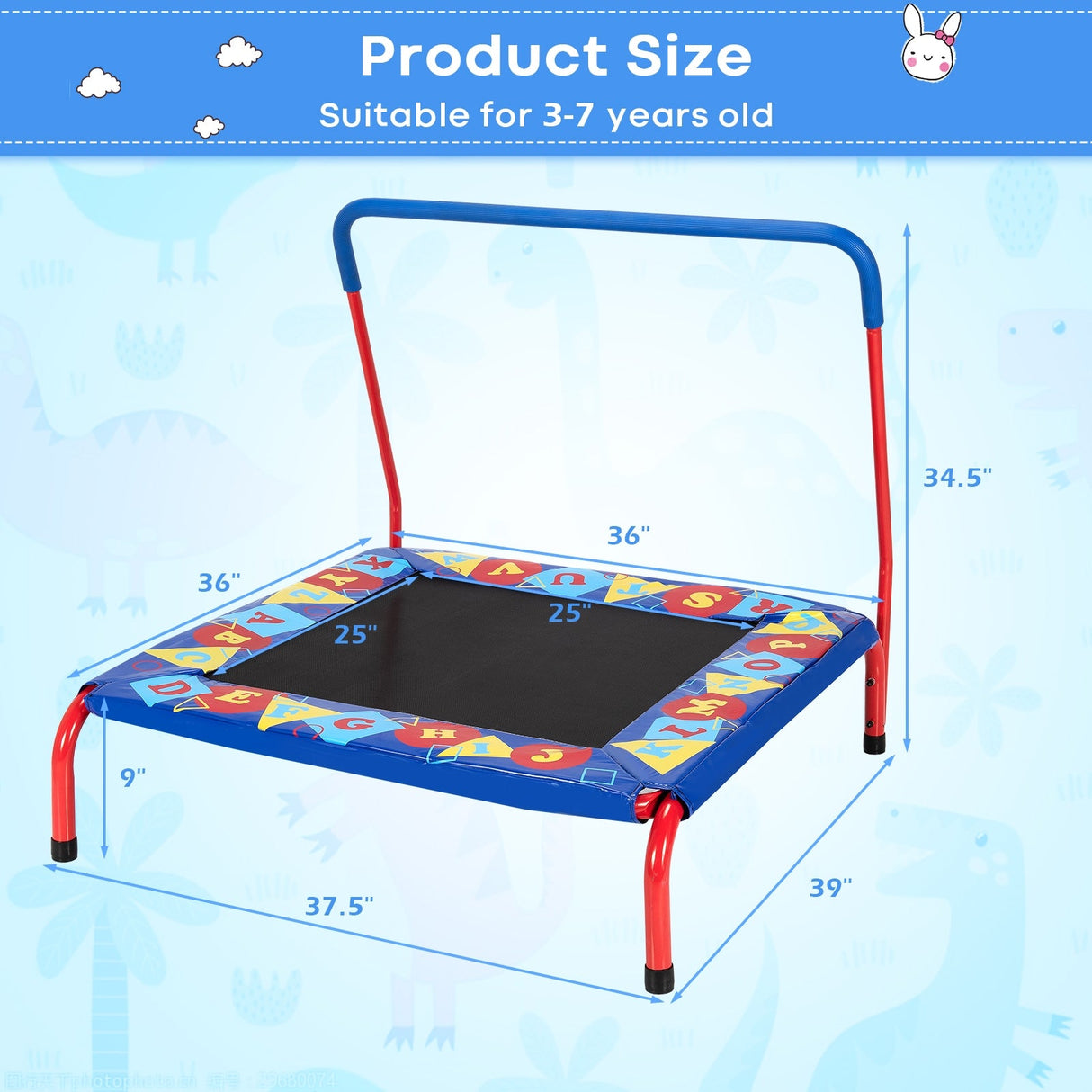 Trampolín Cuadrado de 36 Pulgadas para Niños, Uso Interior/Exterior, con Barandilla de Espuma - Azul