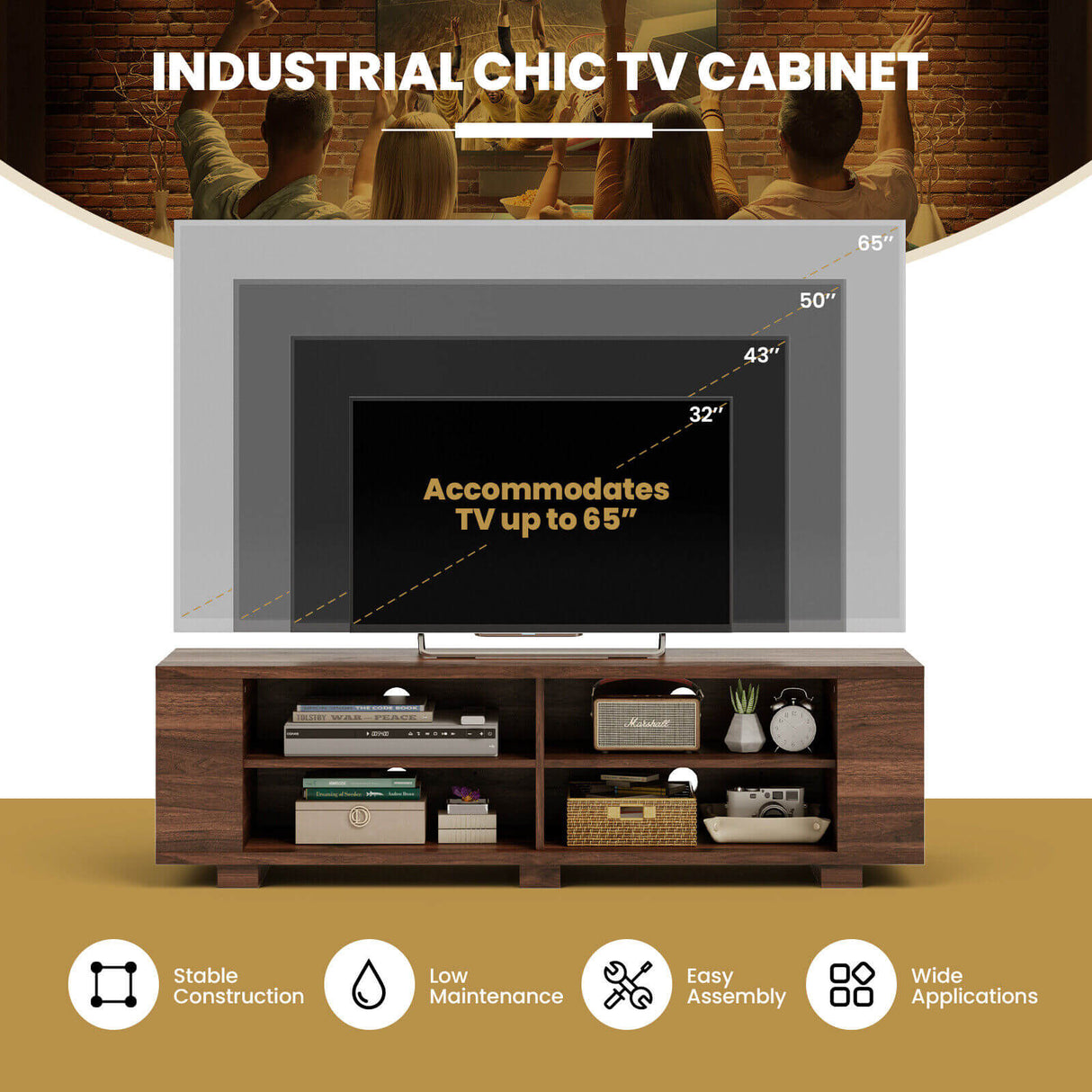 Mueble de TV de madera para almacenamiento de consolas y equipos multimedia de 59 pulgadas - Nogal