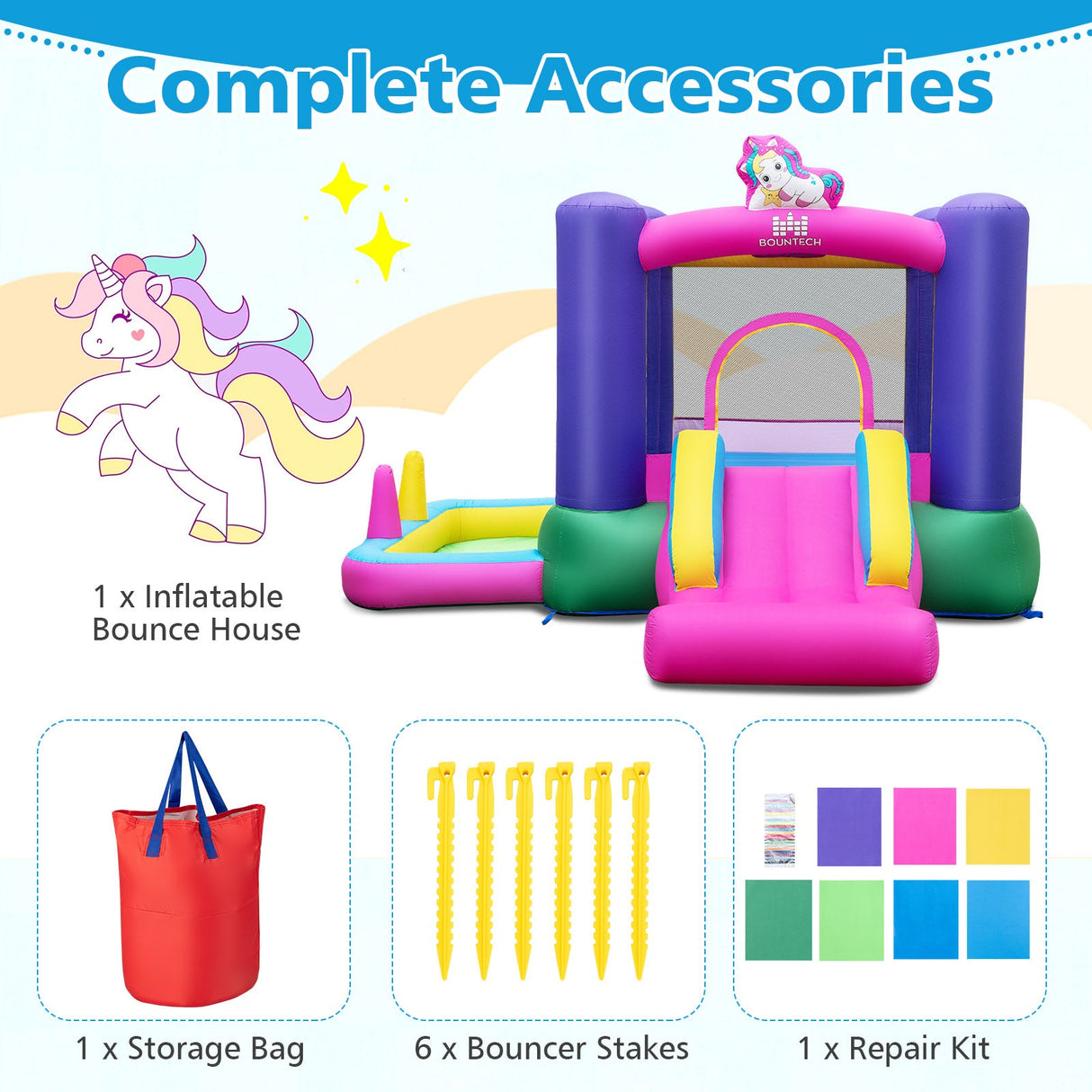 Inflatable Bounce House with Slide Splash Pool and Ring Tossing Games without Blower