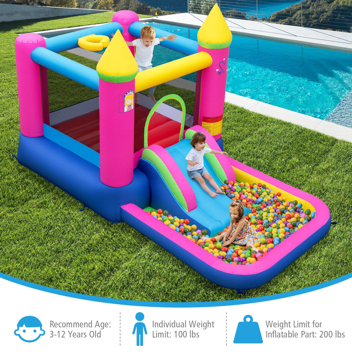Casa de rebote inflable 4 en 1 para niños, castillo inflable con temática de princesa