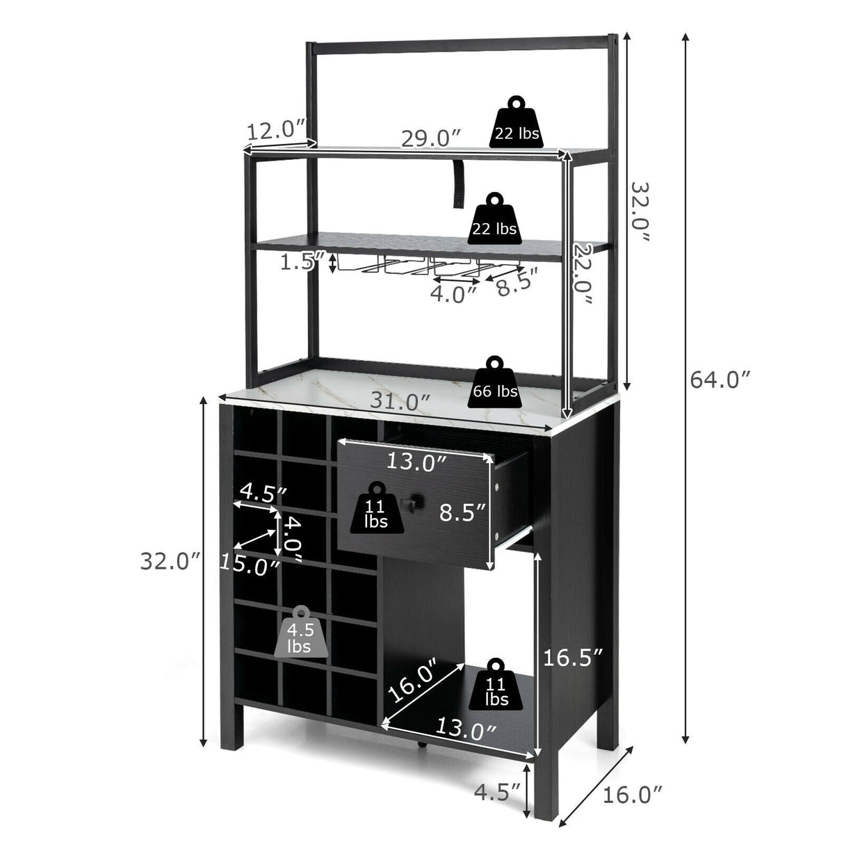 Kitchen Bakers Rack Freestanding Wine Rack Table with Glass Holder and Drawer