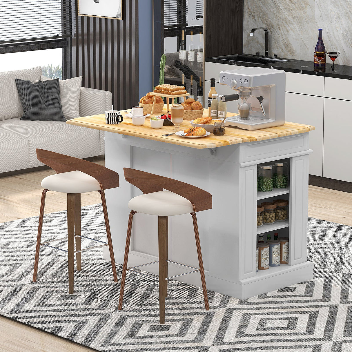 Isla de cocina con almacenamiento y estantes ajustables de 3 niveles