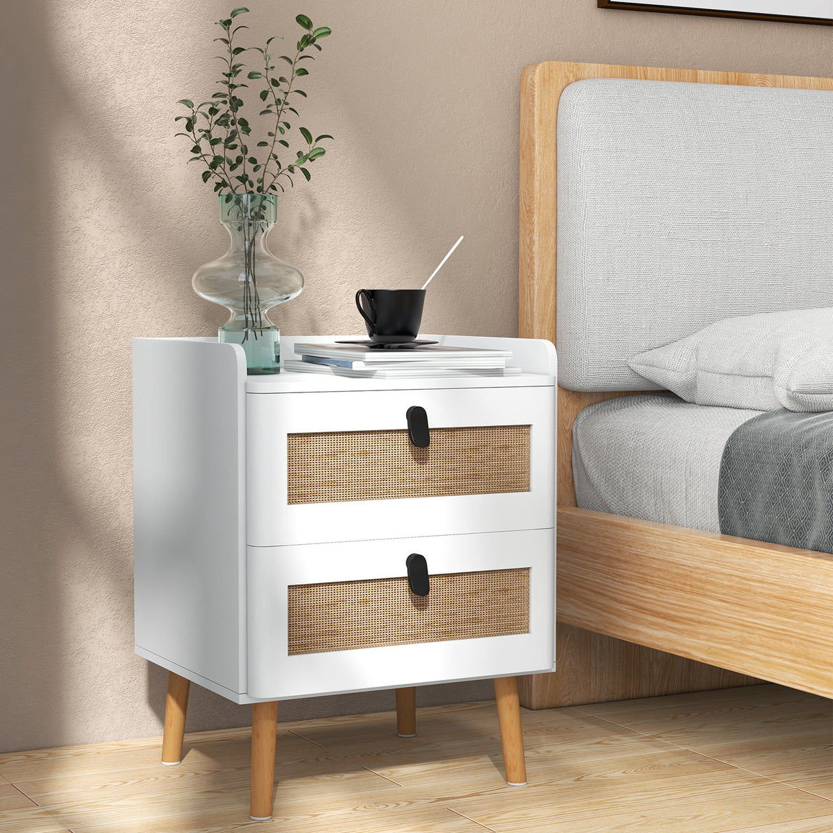 Mesita de Noche Moderna con 2 Cajones Decorados con Ratán