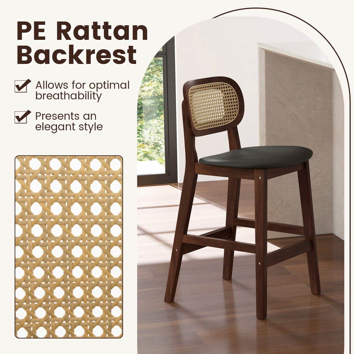 Taburetes de Bar de Madera con Respaldo de Ratán PE, Asiento Acolchado y Reposapiés - Marrón