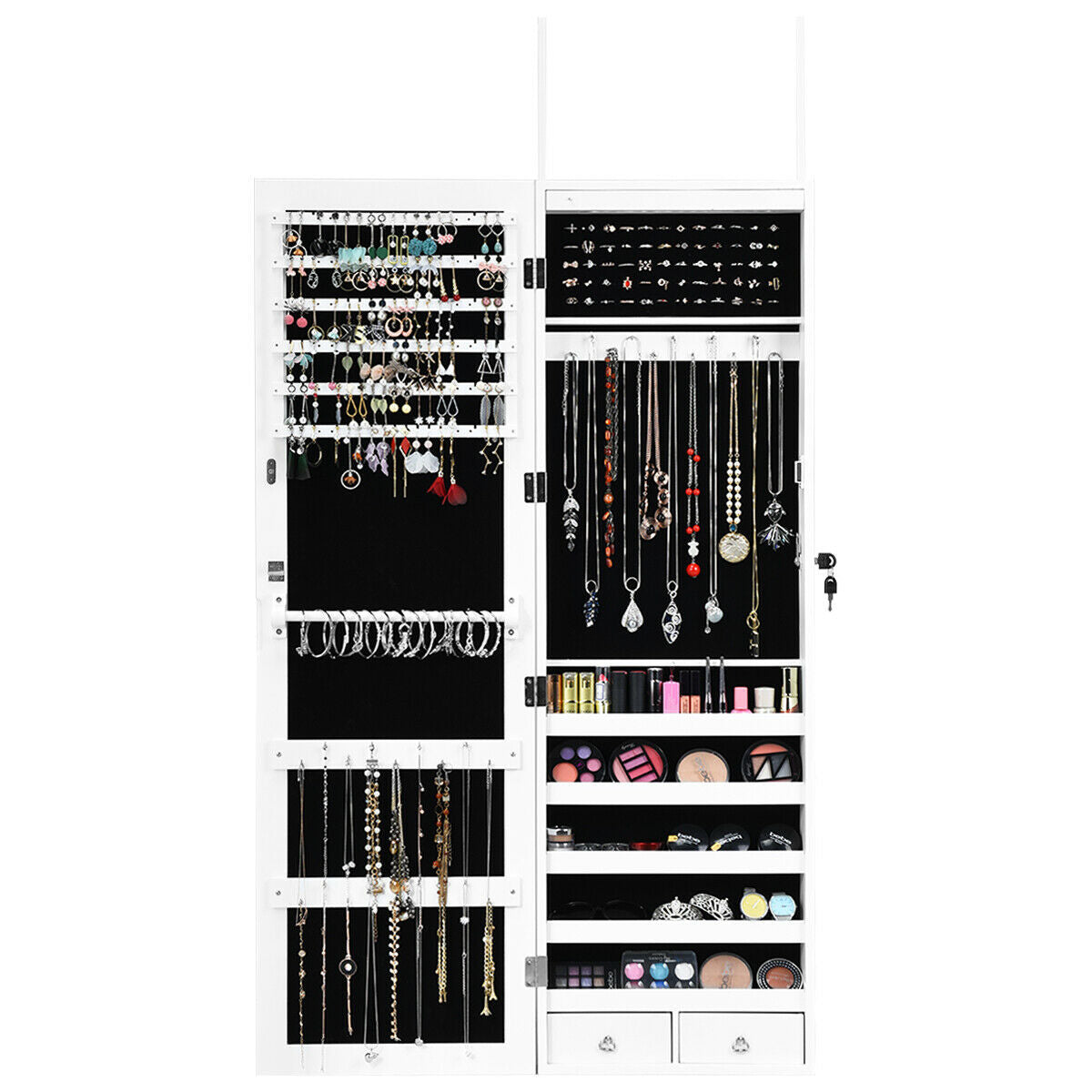 Armario para joyas con espejo, montado en la pared, con cerradura y luz LED