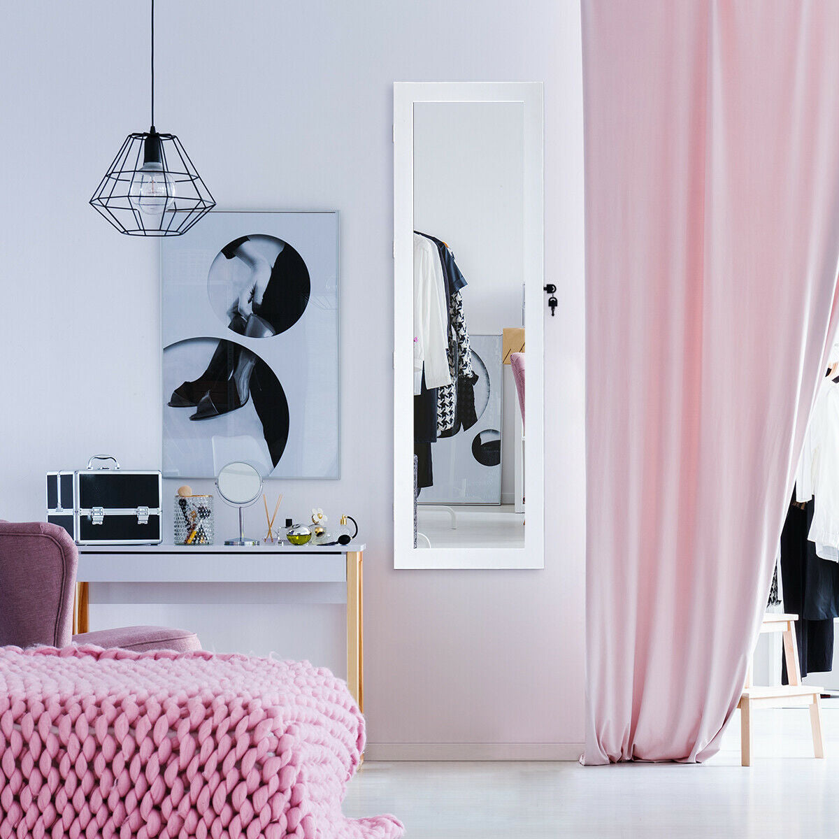 Armario para joyas con espejo, montado en la pared, con cerradura y luz LED