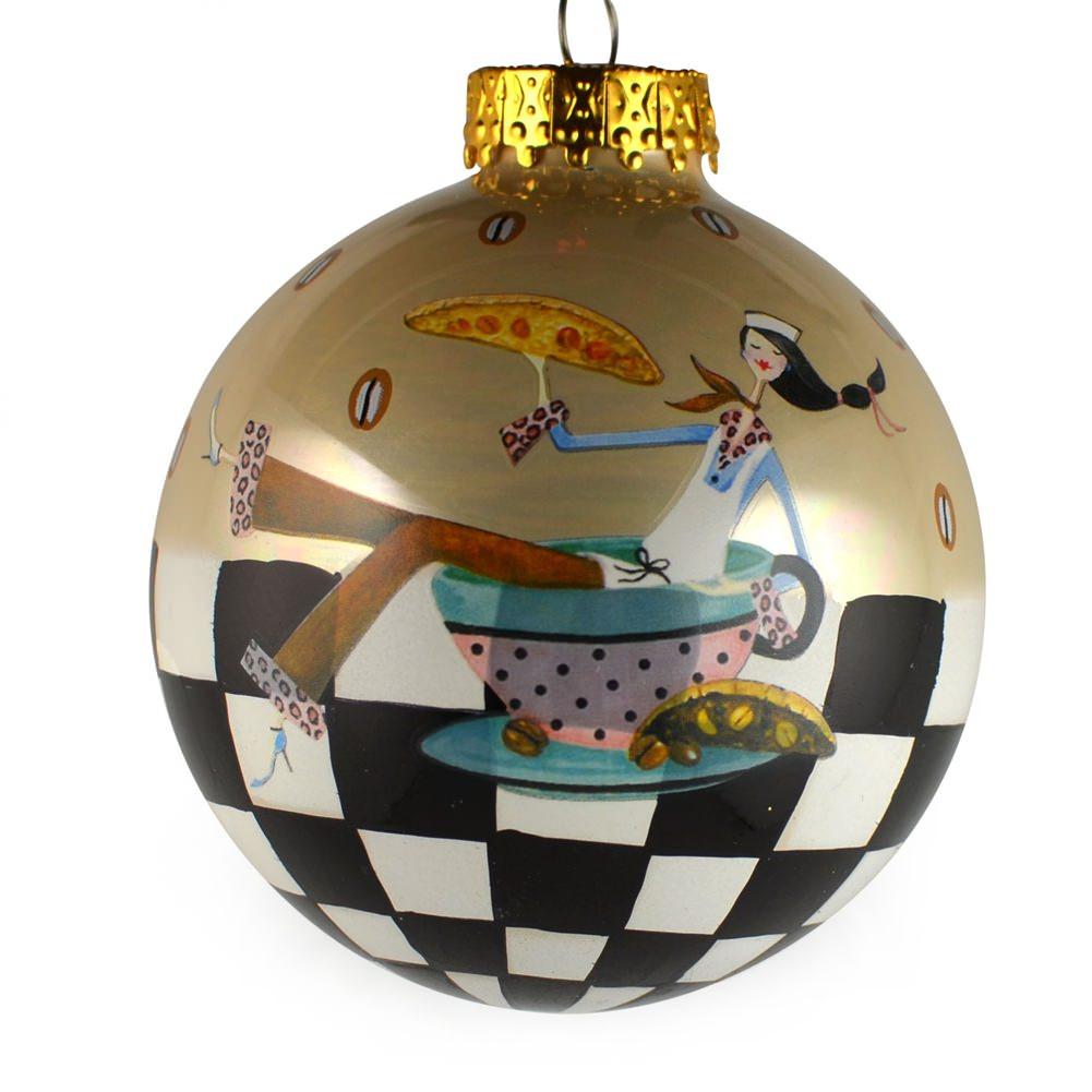 Set of 6 Coffee, Mocha, Latte Lovers Christmas Glass Ball Ornaments 3.25 Inches
