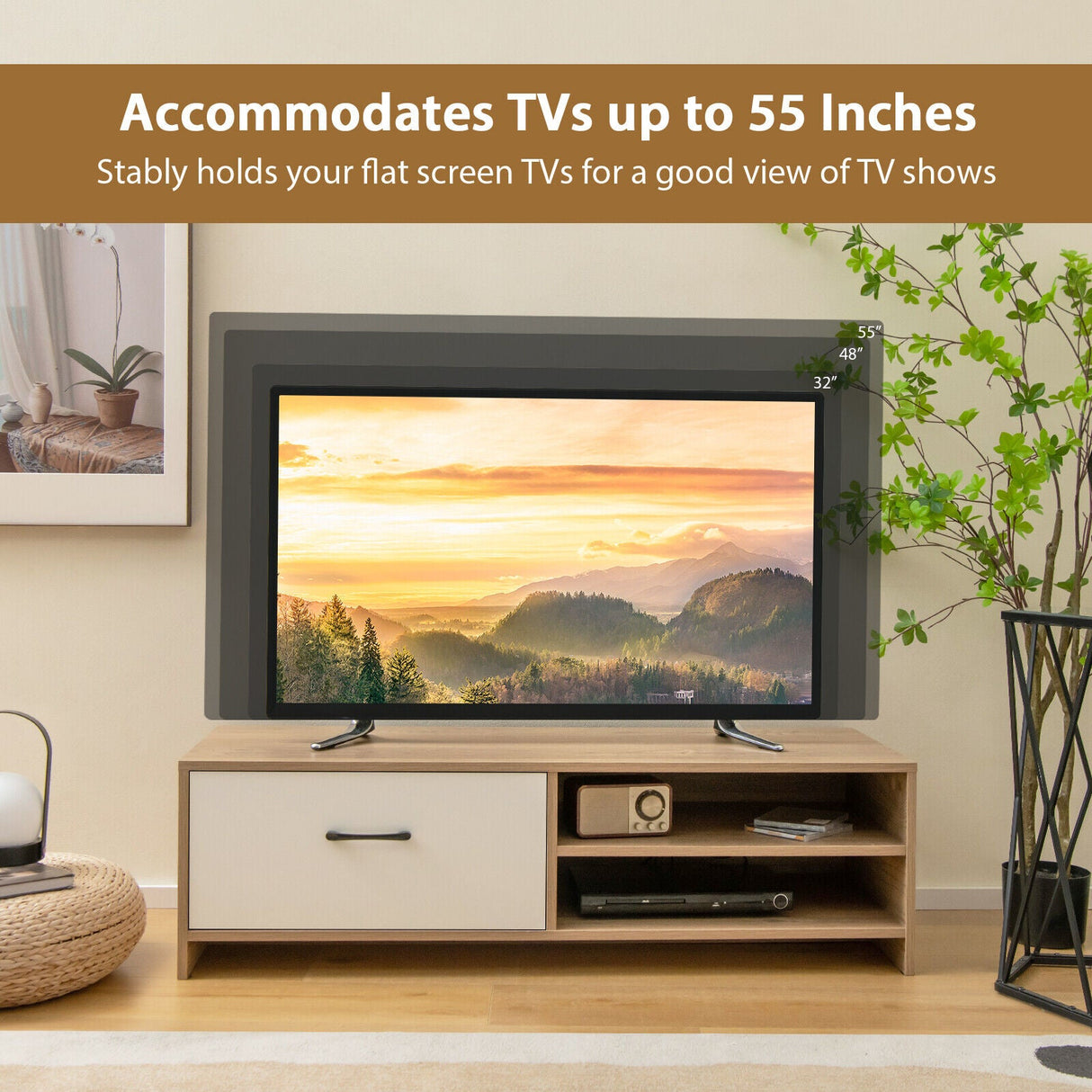 Mueble de TV con 2 estantes abiertos y cajón para televisores de 55 pulgadas
