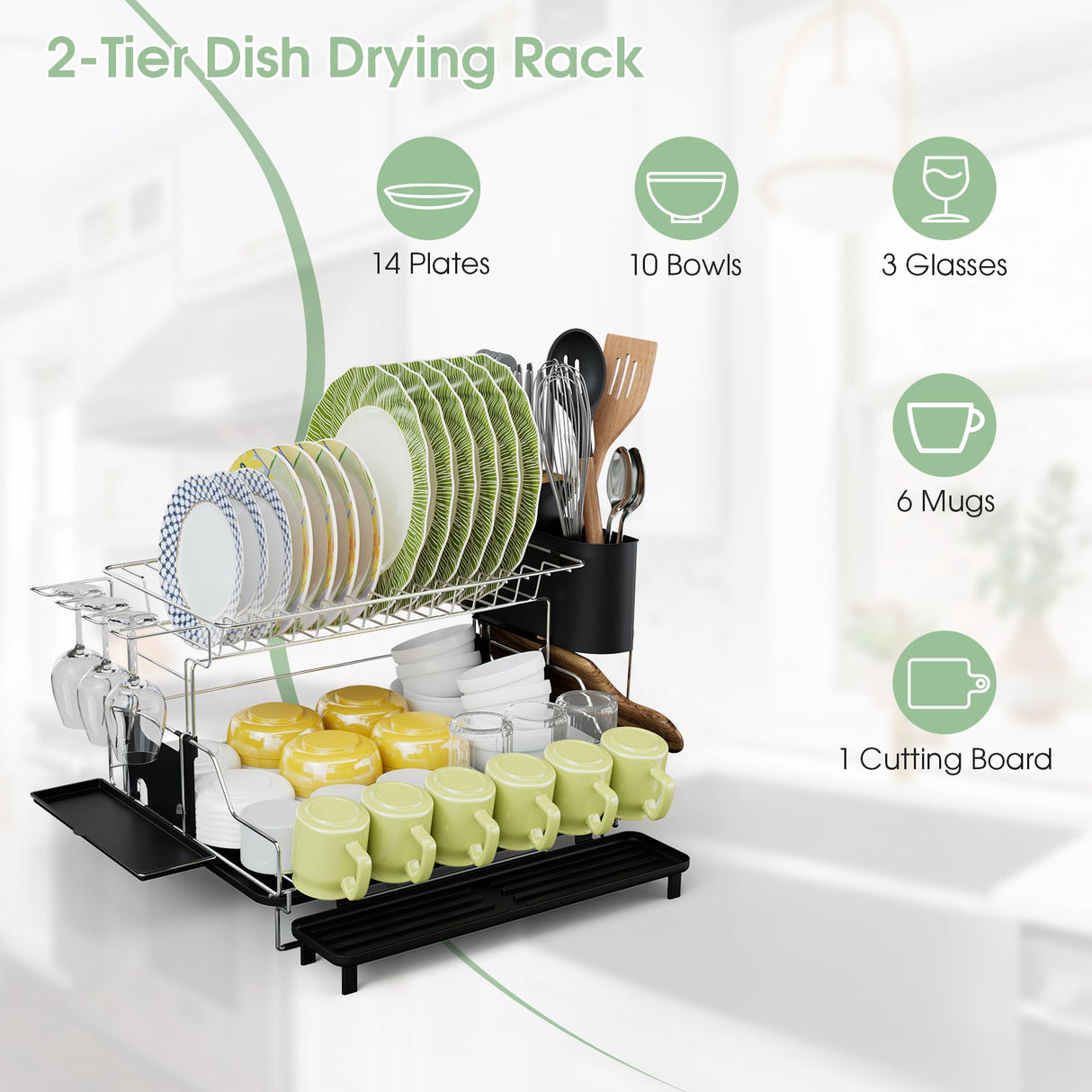 Escurridor de platos desmontable de 2 niveles con soporte para cubiertos